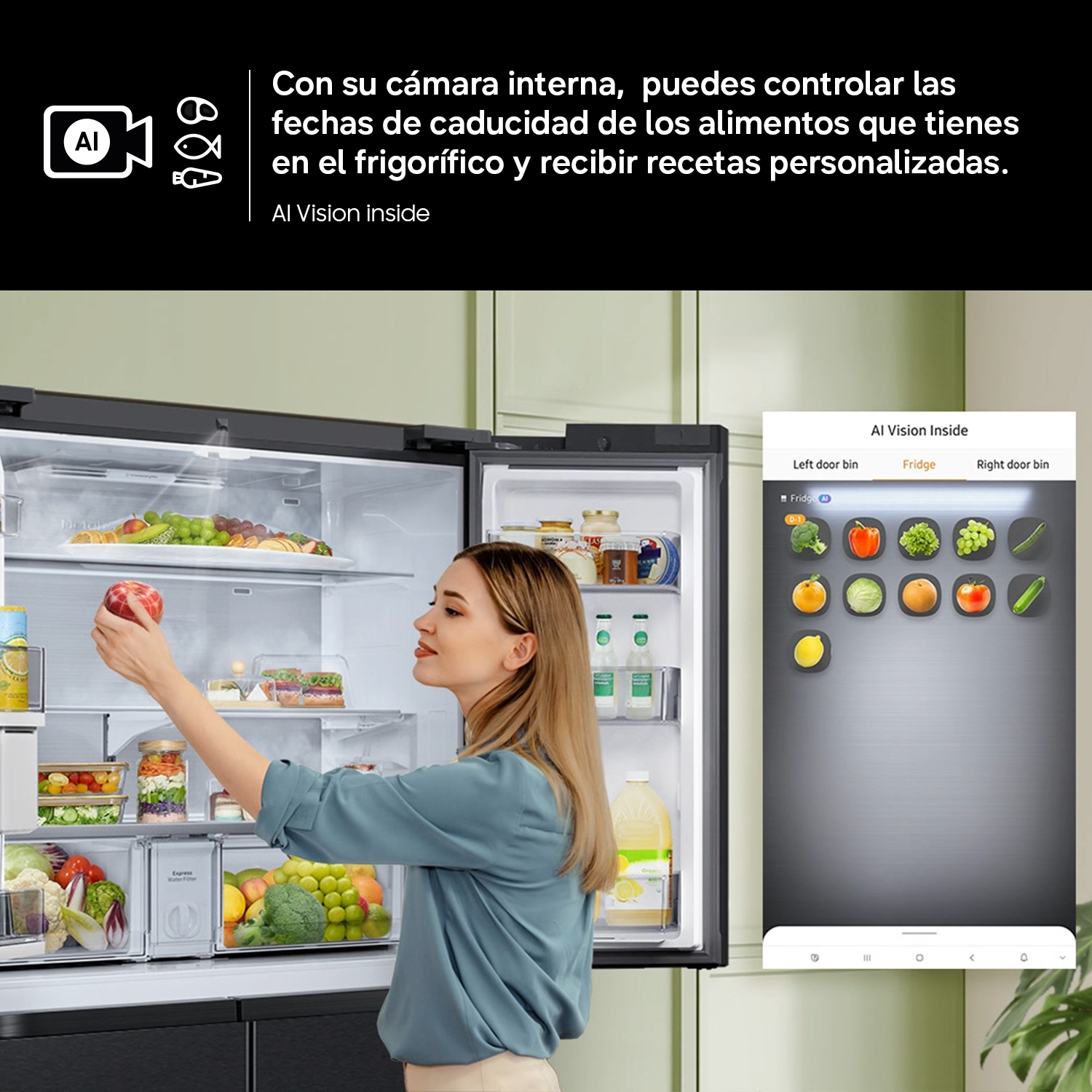 Una mujer coloca una manzana en un refrigerador lleno de frutas y verduras.