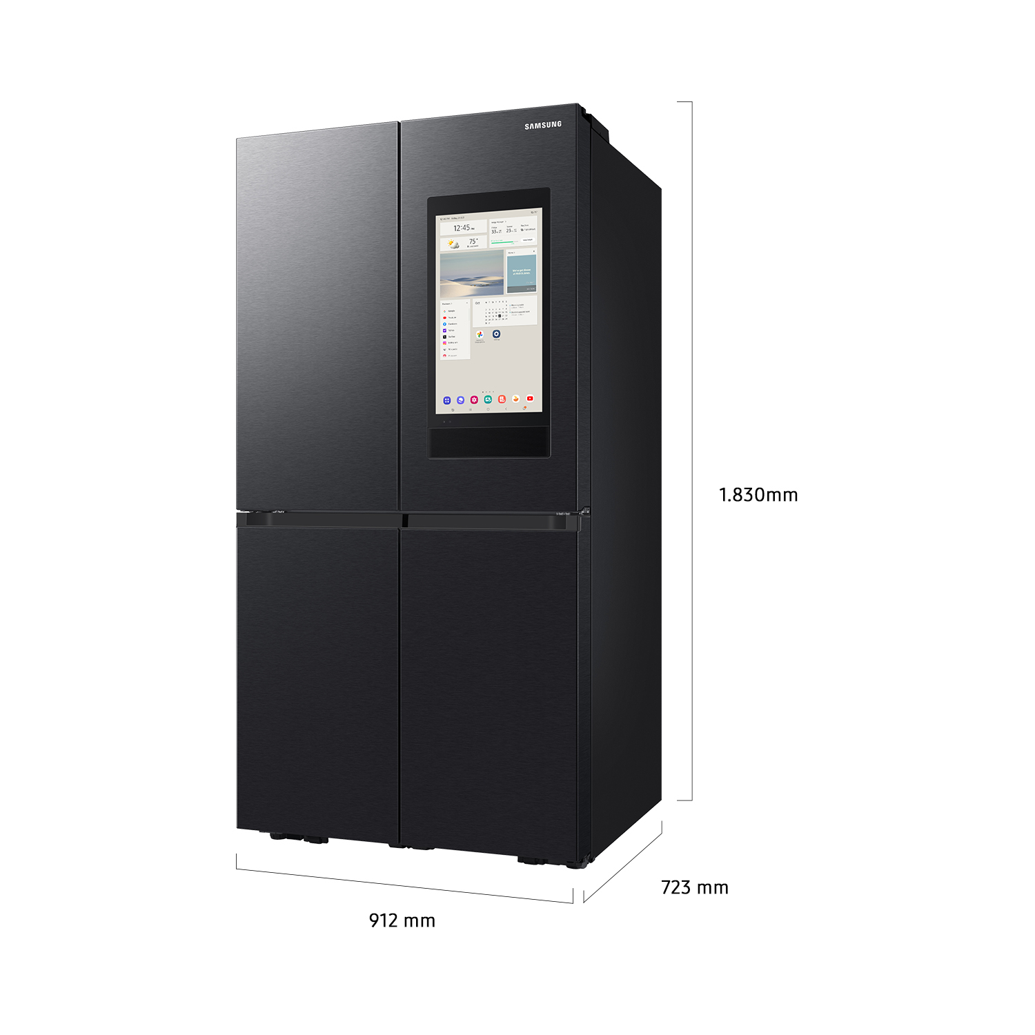 Refrigerador Samsung negro con pantalla táctil y dimensiones 912x723x1830mm.