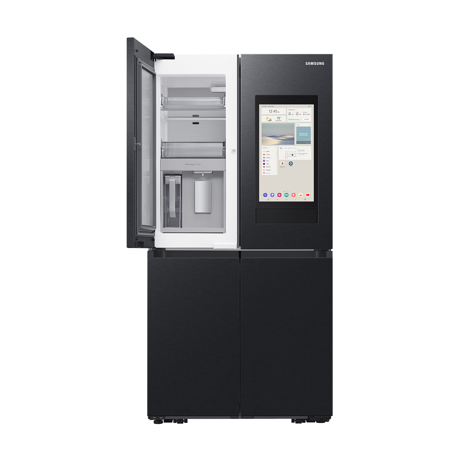 Refrigerador negro con compartimento abierto y pantalla táctil.