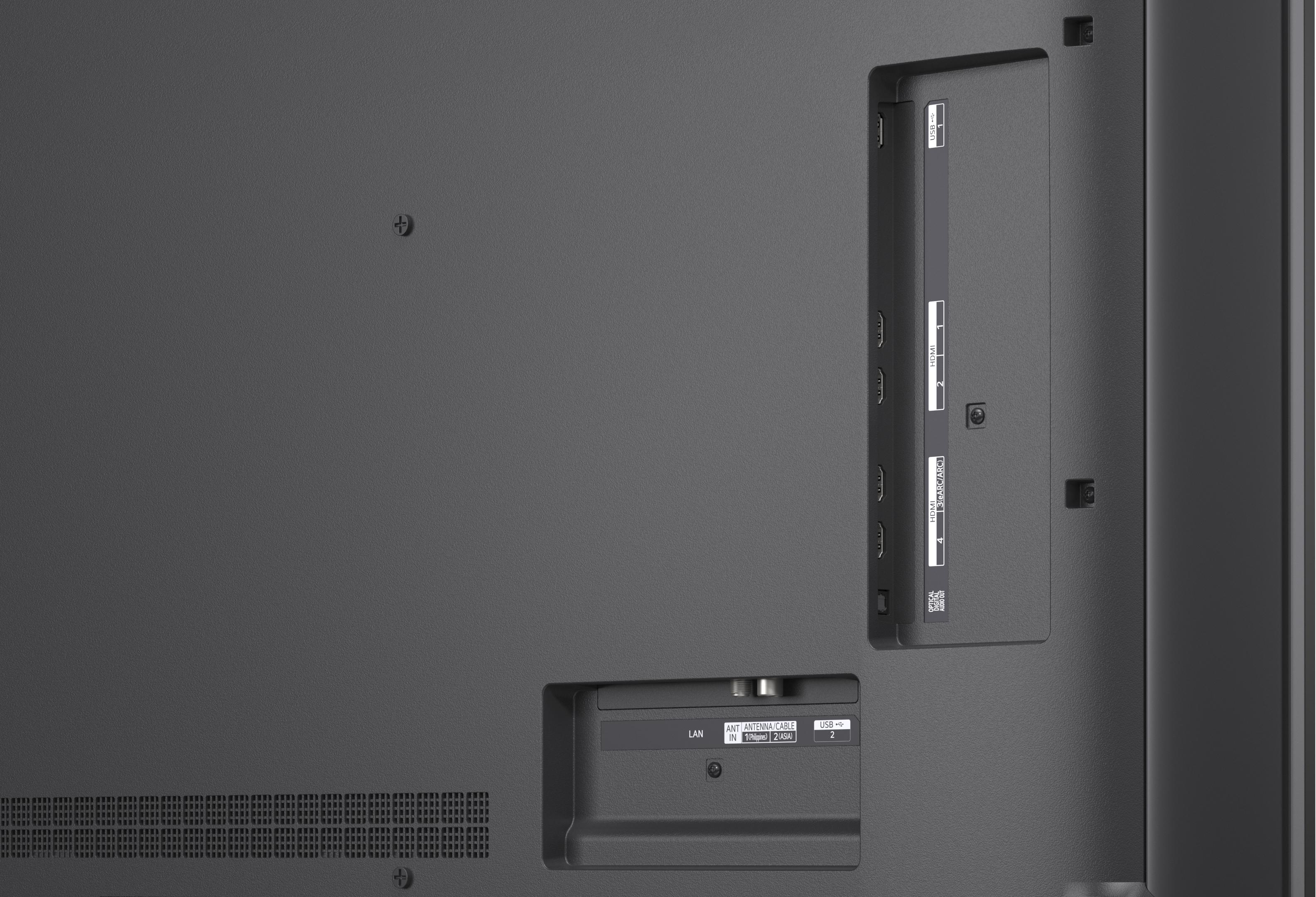 Rückseite eines Fernsehers mit Anschlüssen: LAN, USB, HDMI, ANTENNE/KABEL EINGANG.