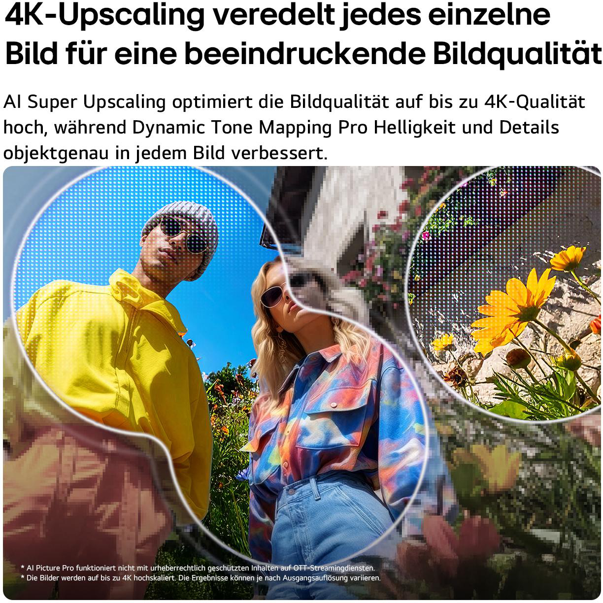 Zwei Personen blicken in die Kamera, im Vordergrund gelbe Blumen und im Hintergrund Gebäude.