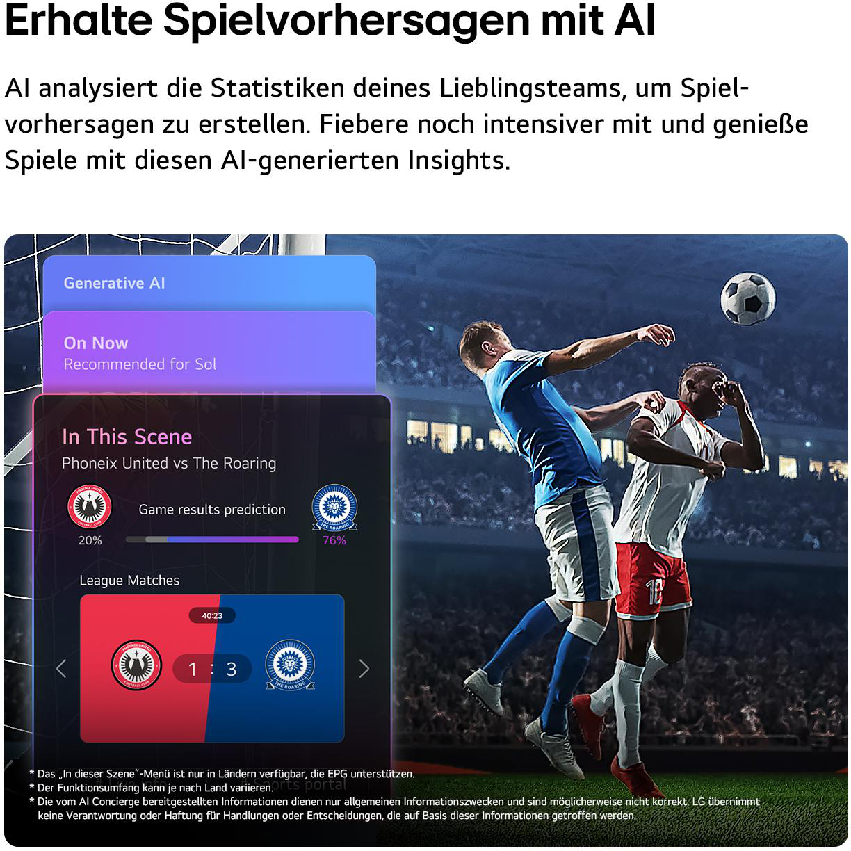Fußballspiel mit KI-Vorhersage-Interface. Spieler in Aktion, Spielstand 1:3.
