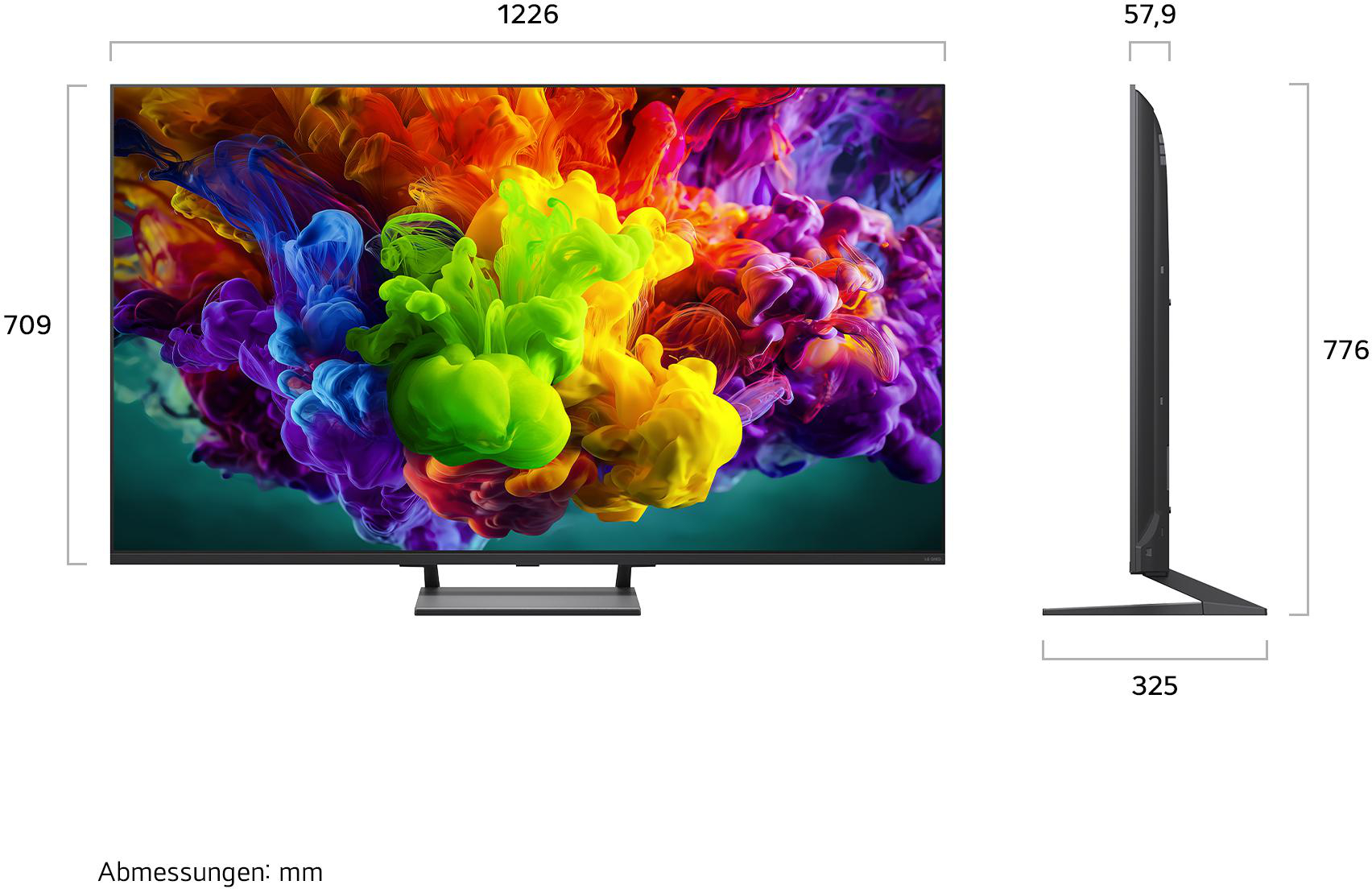Ein moderner Fernseher mit einem lebendigen, bunten Rauch-Hintergrundbild. Maße sind angegeben.