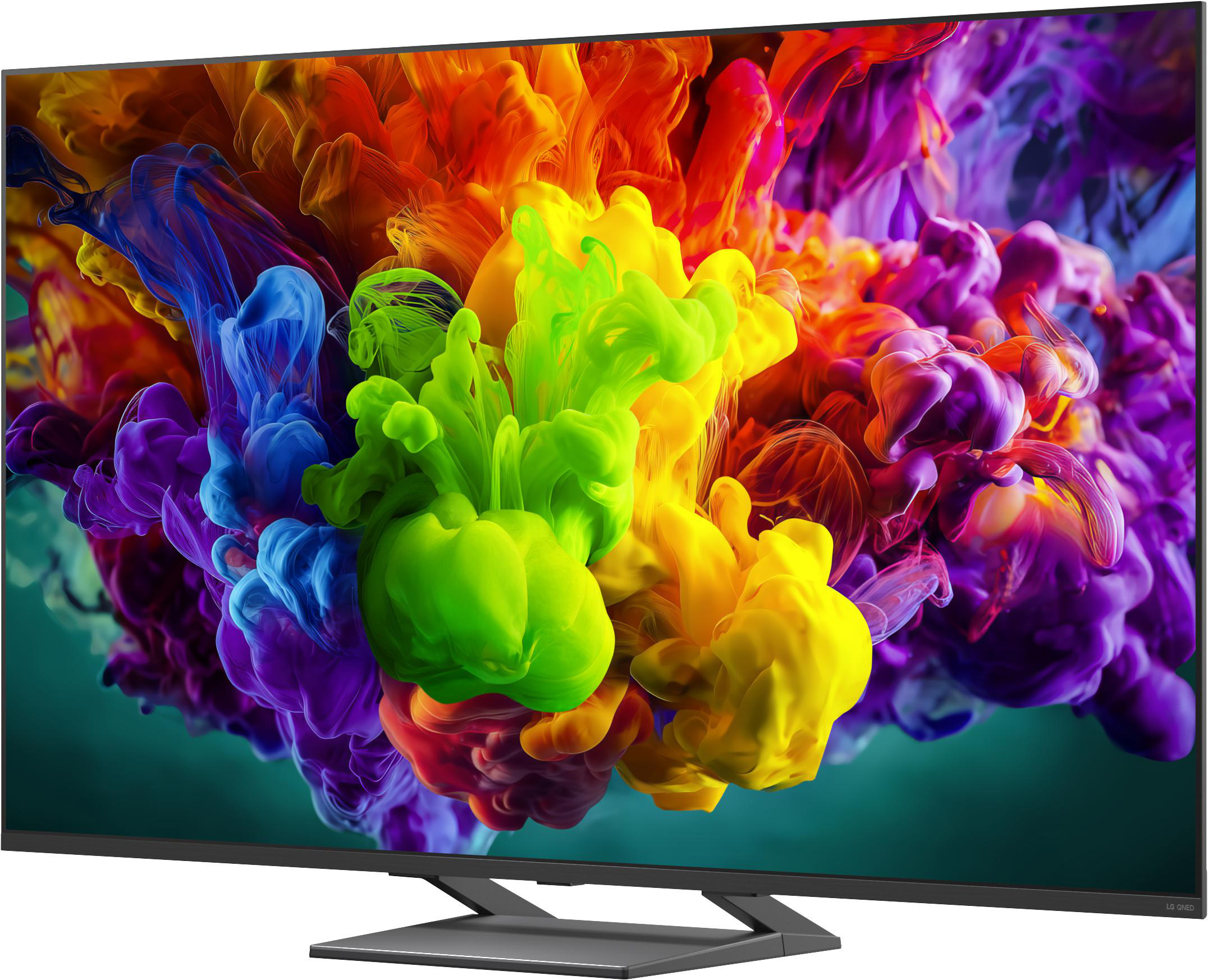 Ein LG QNED Fernseher zeigt ein lebendiges Farbspektakel aus wirbelnden Tinten in Blau, Grün, Gelb, Orange und Lila.