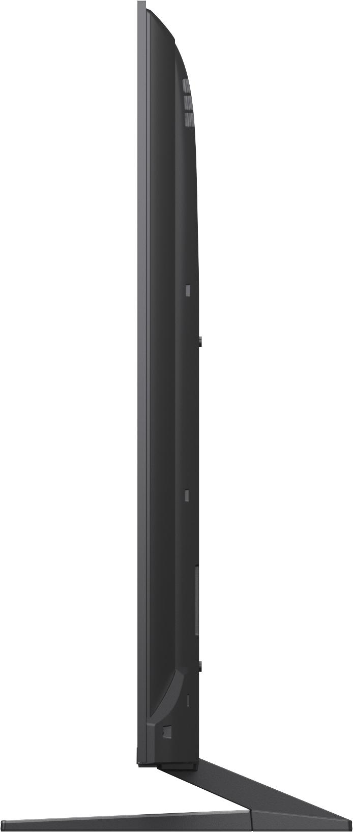 Seitenansicht eines schlanken, schwarzen Fernsehers mit einem schmalen Ständer.
