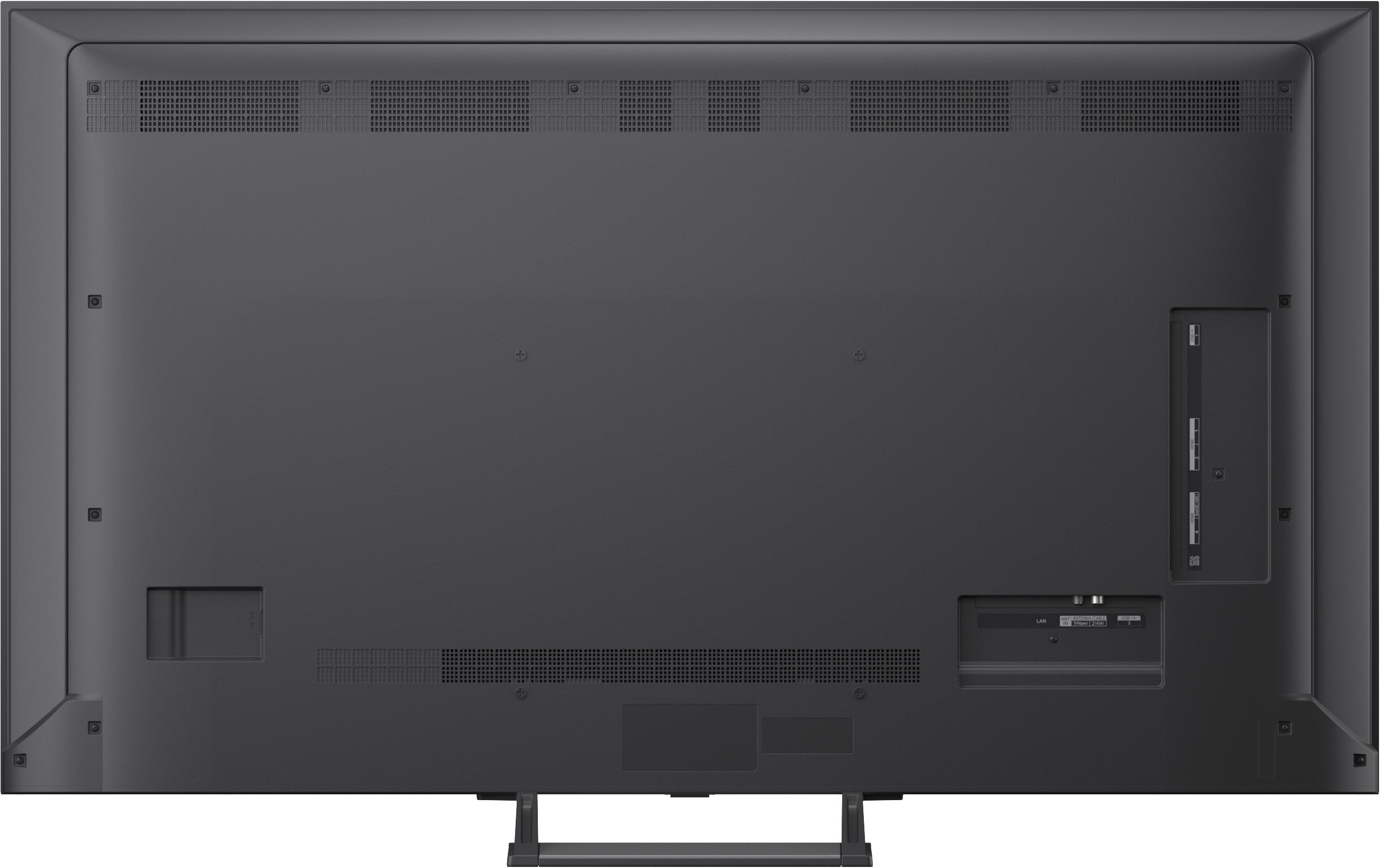 Rückseite eines dunklen Fernsehers mit Anschlüssen und Lüftungsschlitzen.