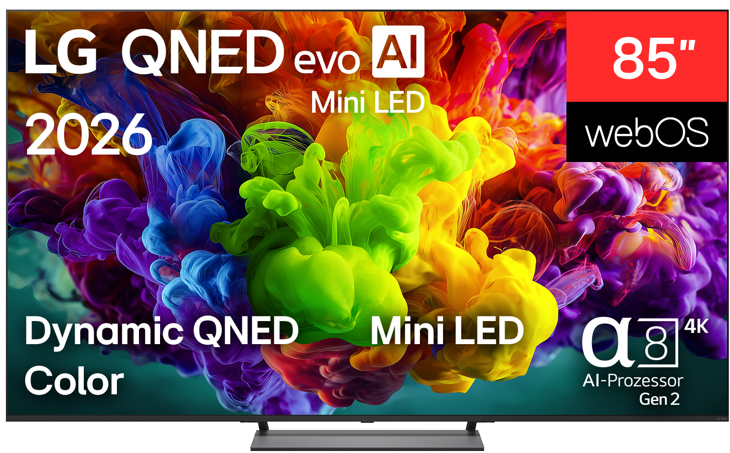 LG QNED evo AI TV mit 85" Bildschirm, lebendigen Farben, Mini LED und webOS.