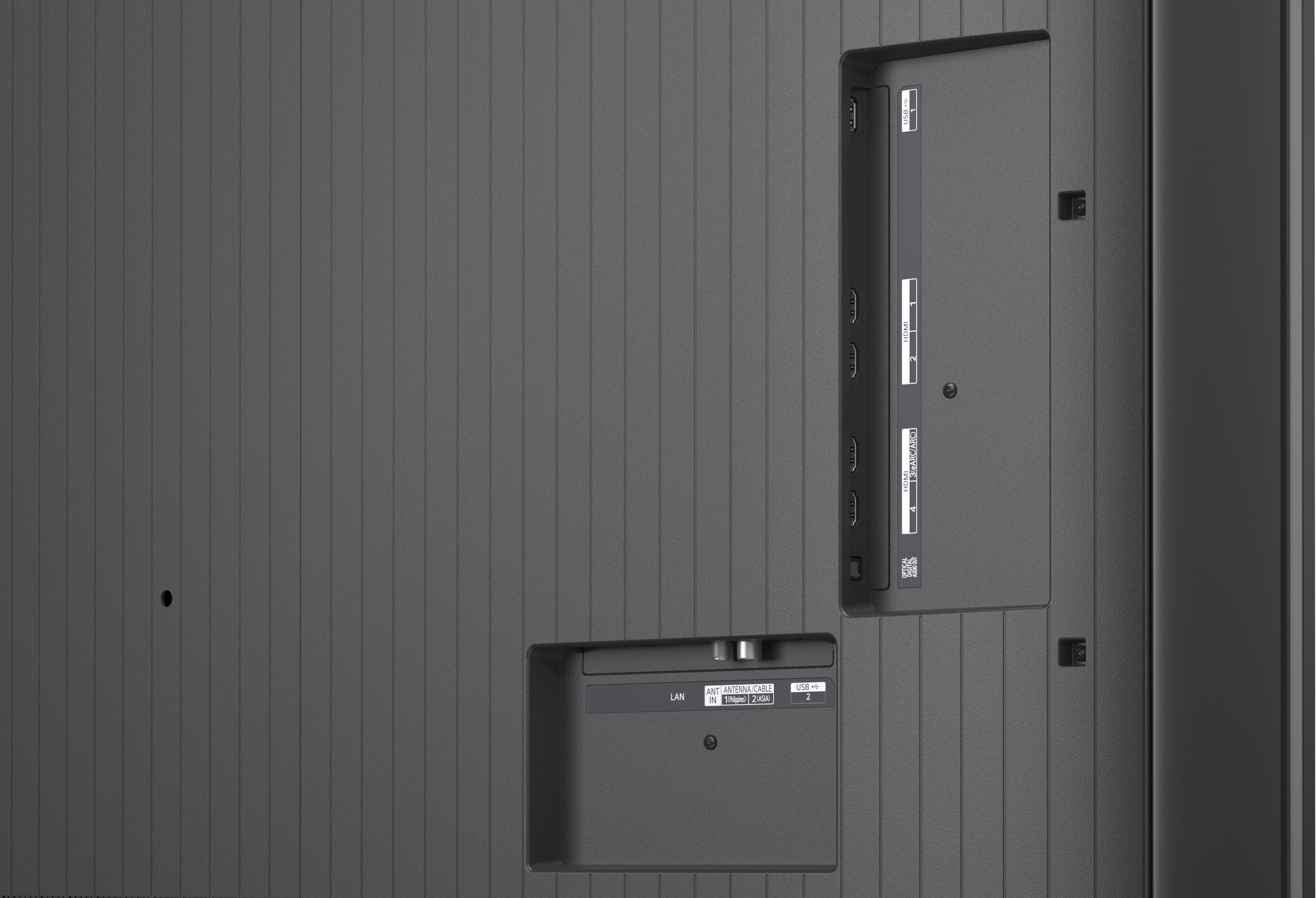 Rückseite eines Fernsehers mit Anschlüssen: LAN, Antenne, 2x USB, 4x HDMI und optischer Audioausgang.