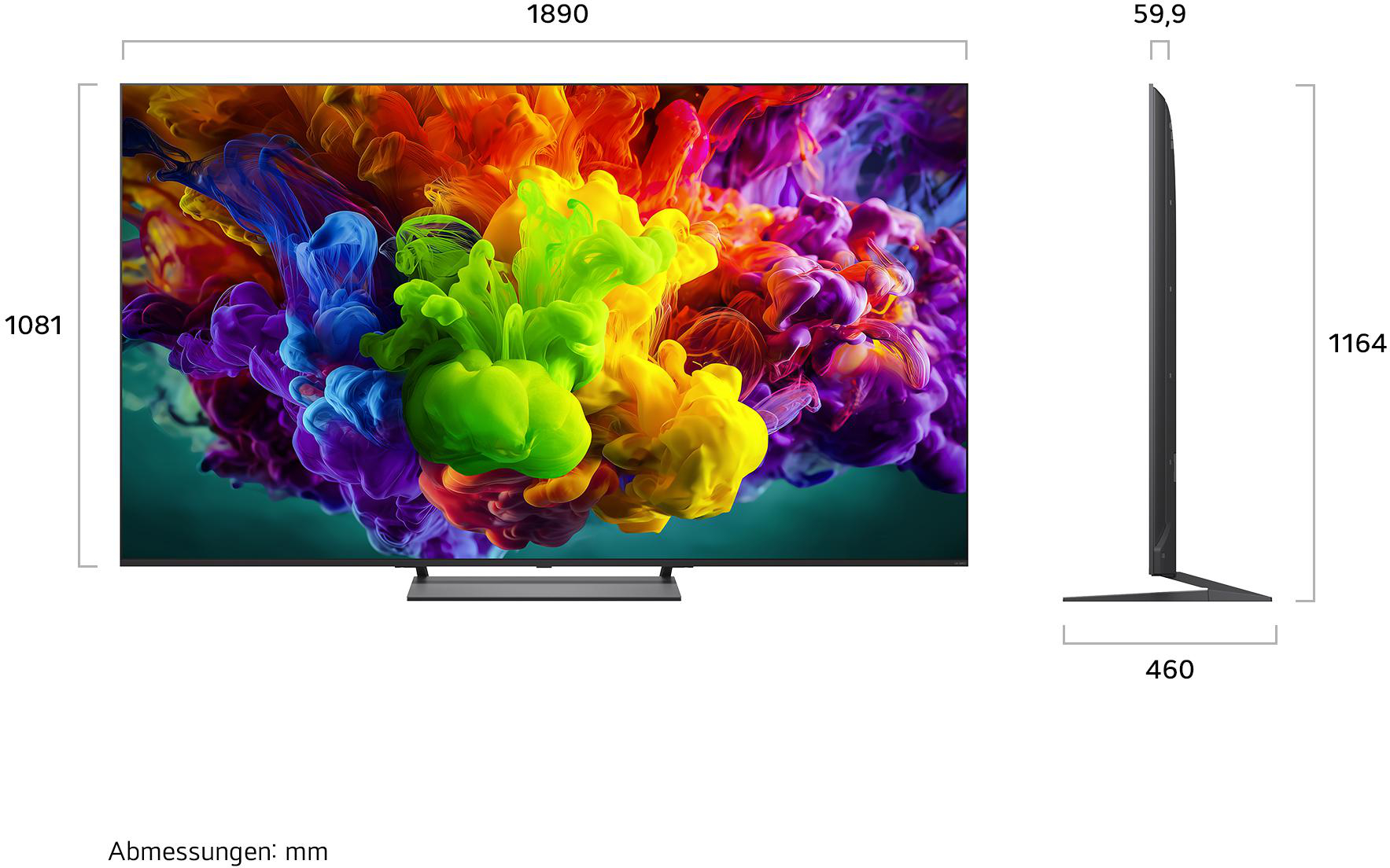 Ein großer Fernseher mit lebendigen Farben und einem abstrakten Bild. Maße sind angegeben.