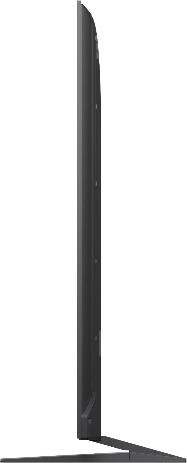 Seitenansicht eines schlanken schwarzen Fernsehers mit einem schmalen Standfuß.