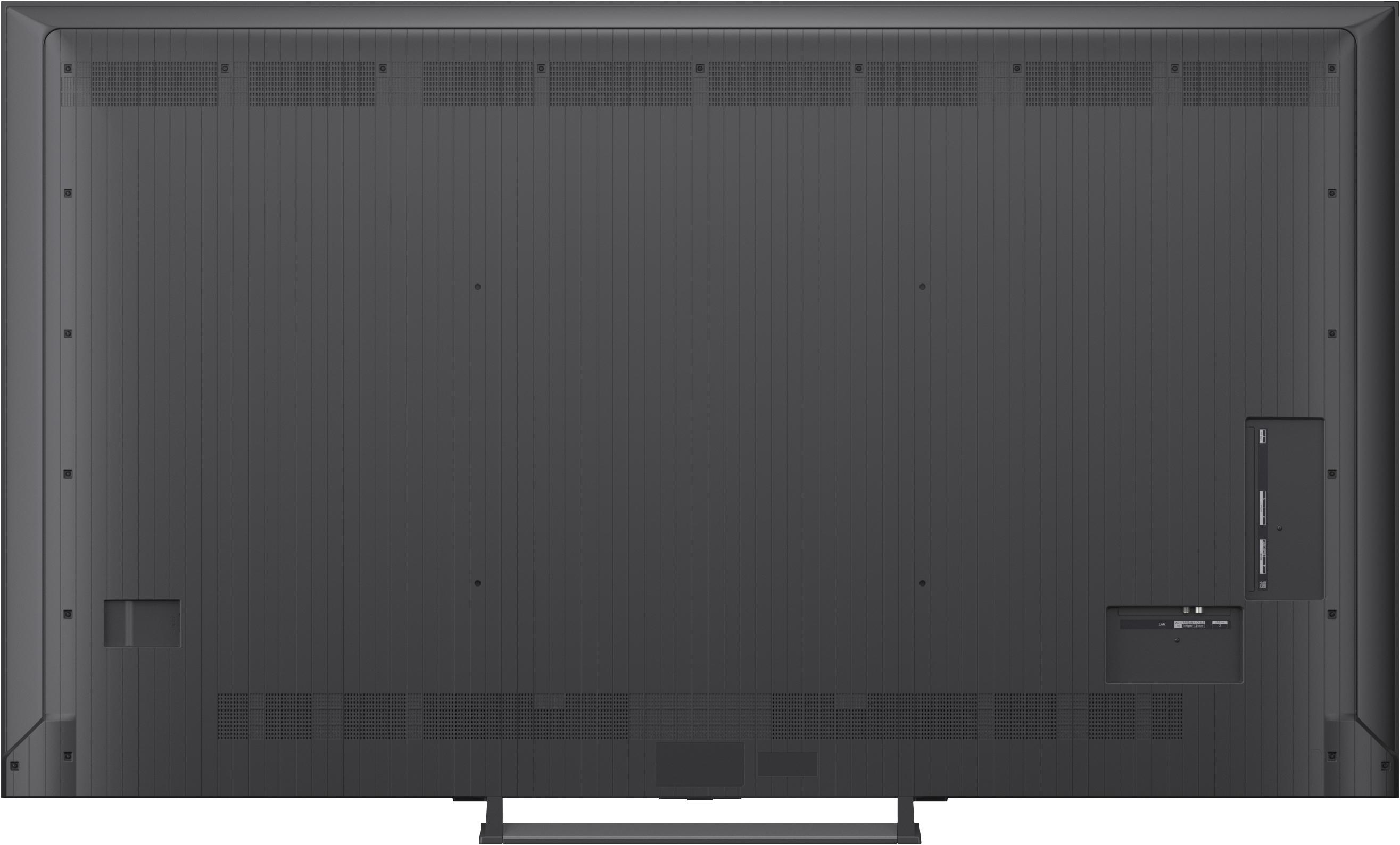 Rückseite eines dunklen Fernsehers mit Anschlüssen und Lüftungsschlitzen.