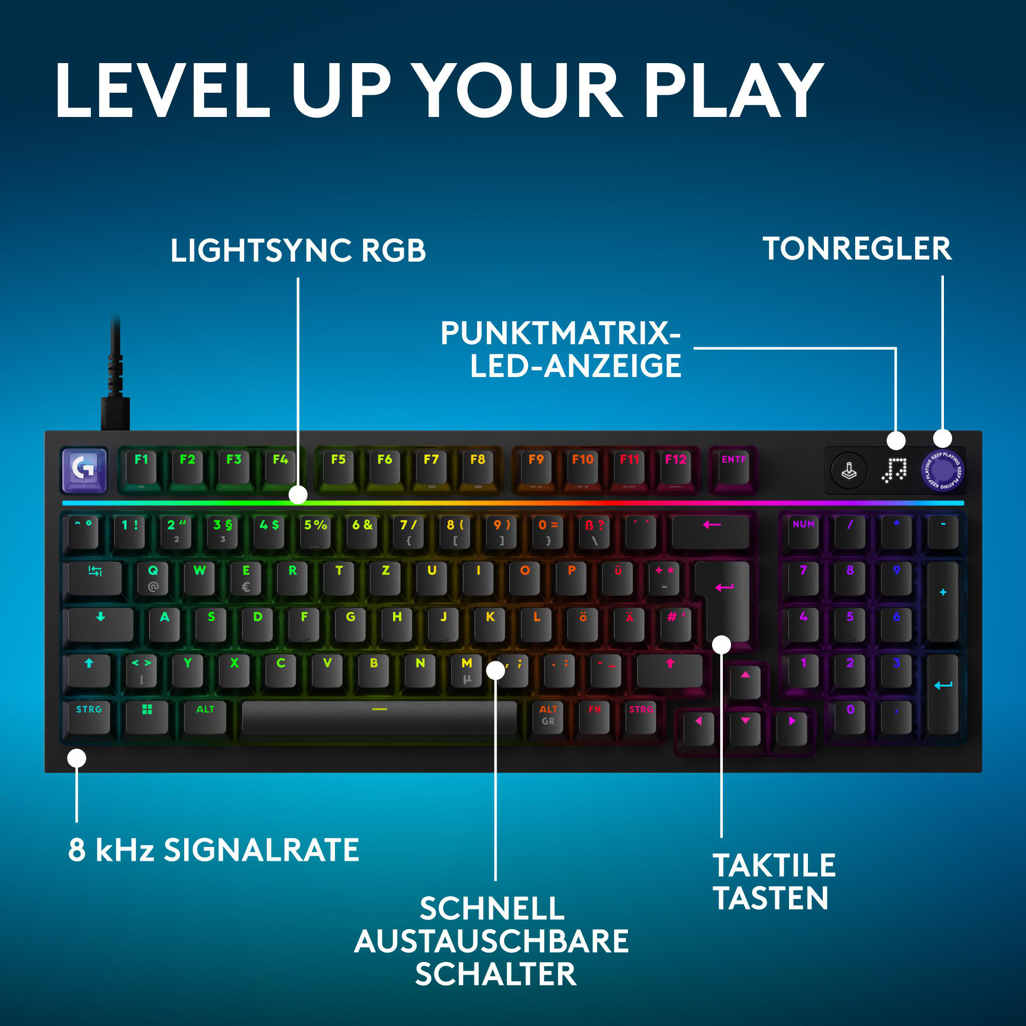 Ein schwarzes Gaming-Keyboard mit RGB-Beleuchtung und deutschen Tastenbeschriftungen.