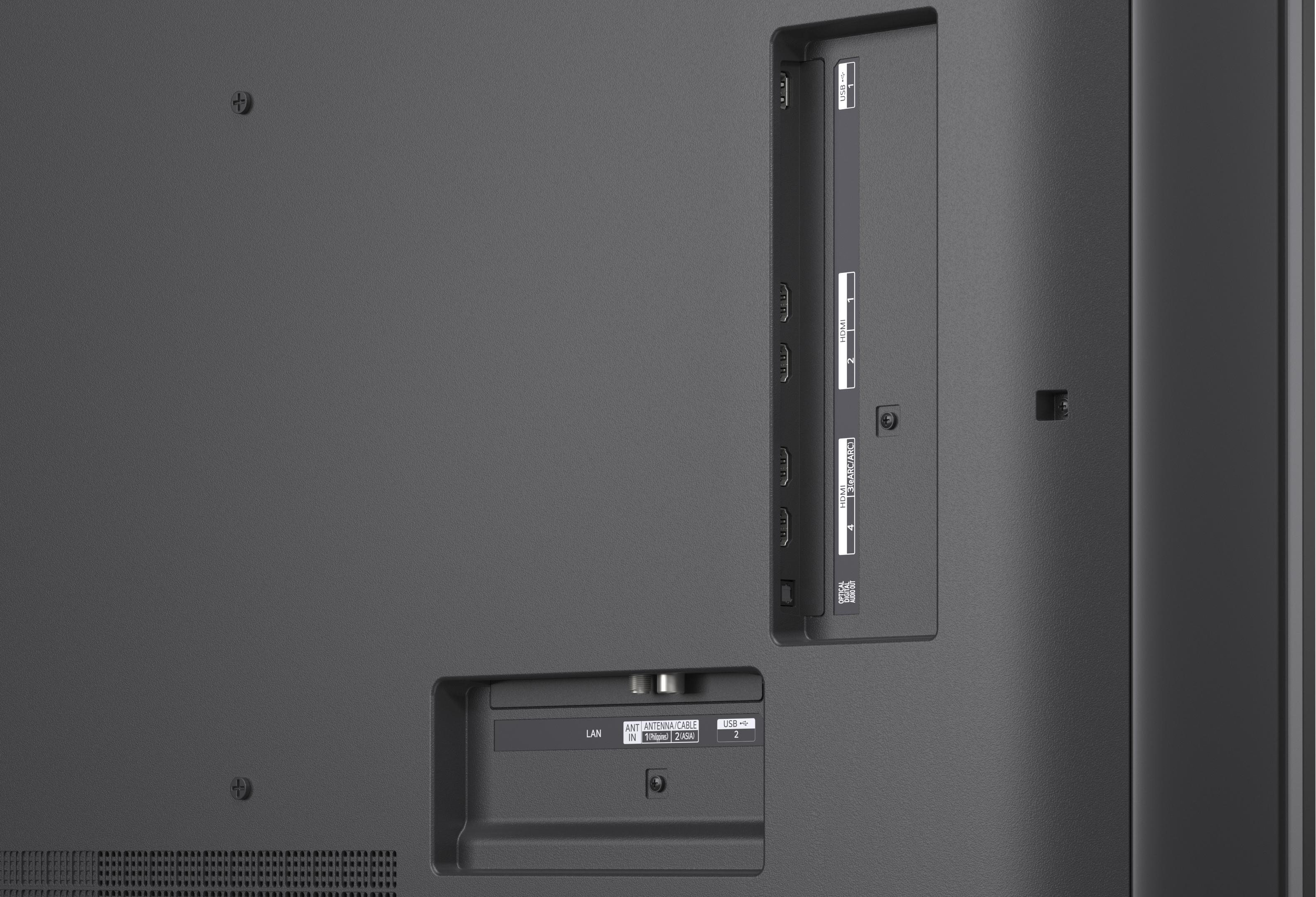 Rückseite eines Fernsehgeräts mit Anschlüssen: LAN, USB, HDMI, Antenne/Kabel.
