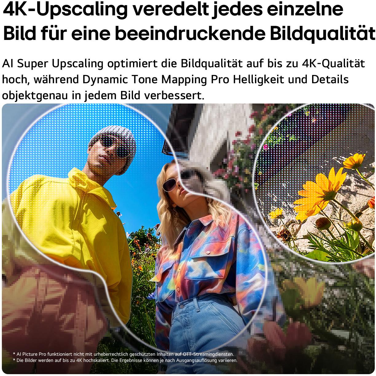 Zwei Personen mit Sonnenbrillen, eine in Gelb, eine in buntem Hemd, vor Blumen.