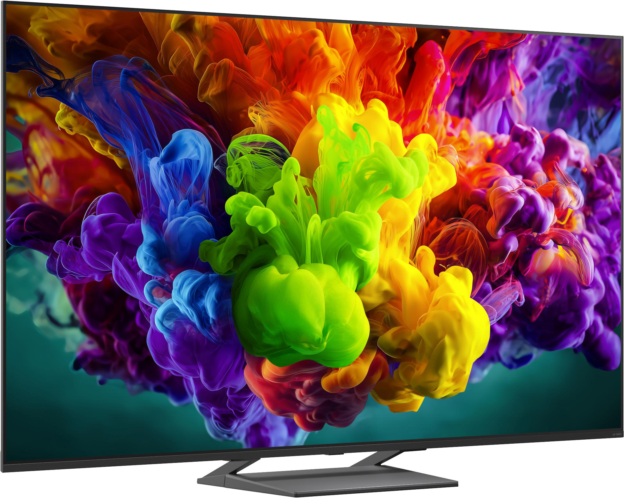 Ein moderner Fernseher zeigt ein lebendiges Bild von Farbnebeln in Lila, Blau, Grün, Gelb und Orange.