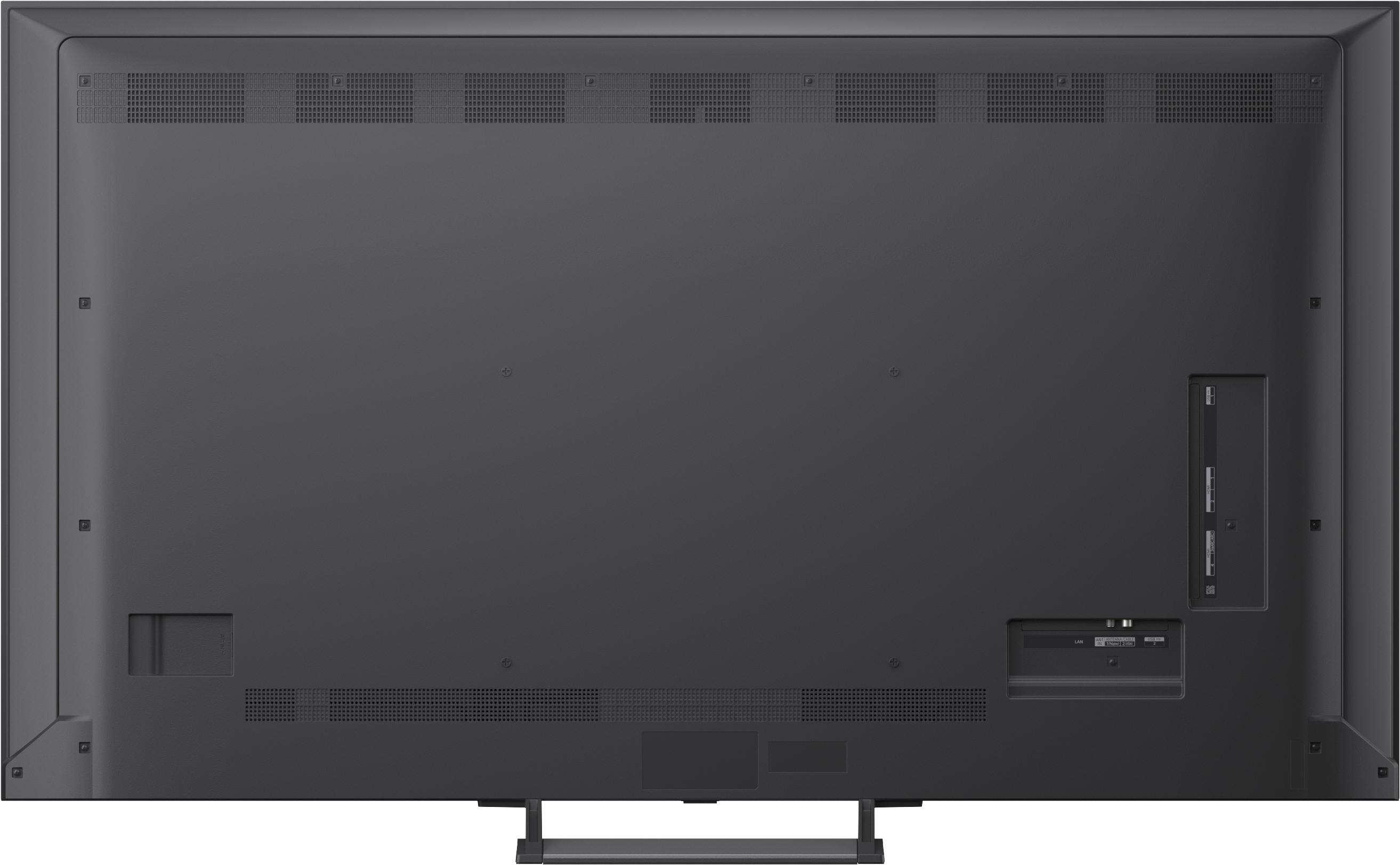 Rückseite eines dunklen Fernsehers mit Anschlüssen und Lüftungsschlitzen.