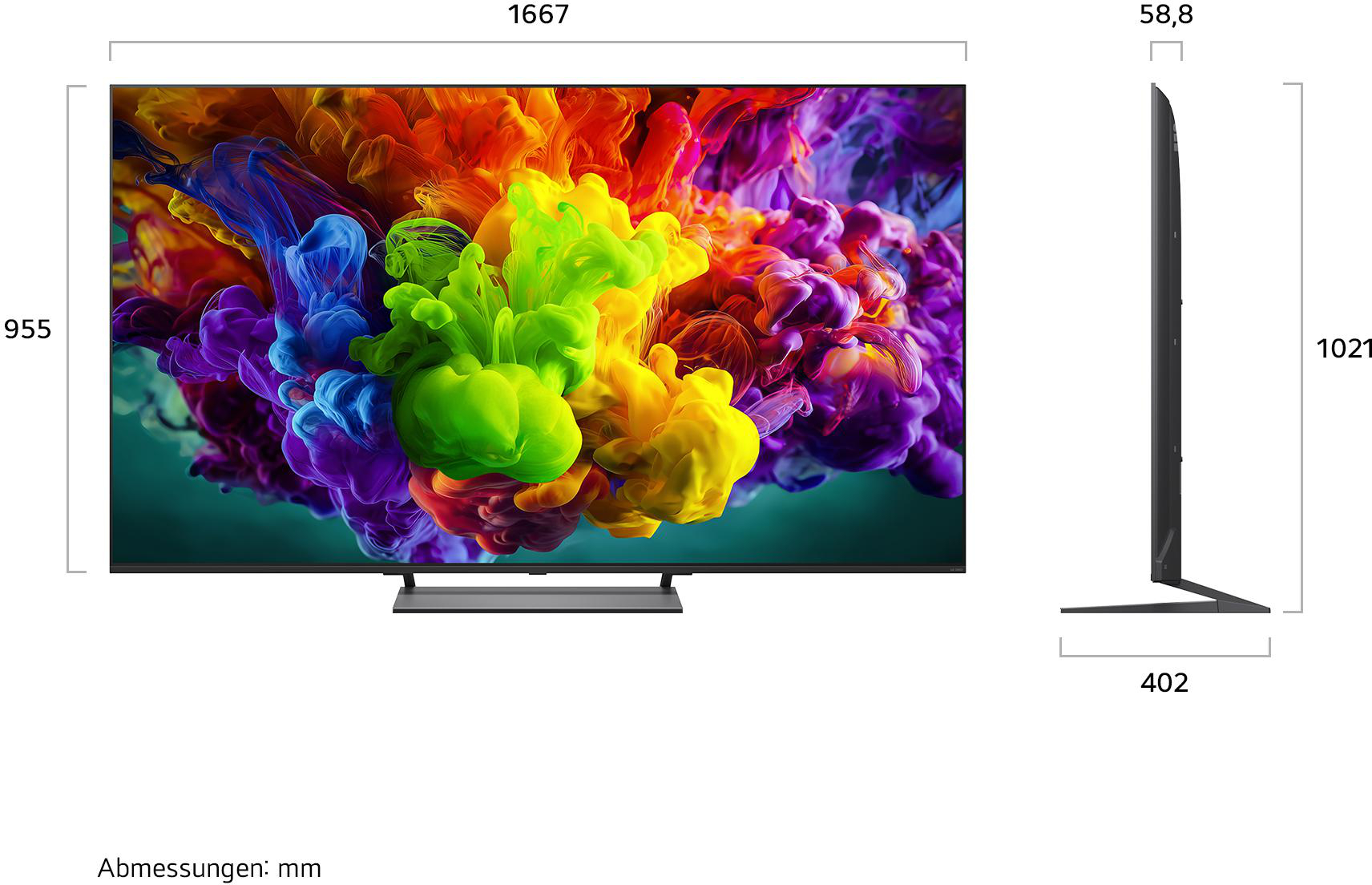Ein moderner Flachbildfernseher mit abstraktem, farbenfrohem Rauchdisplay und Maßen.