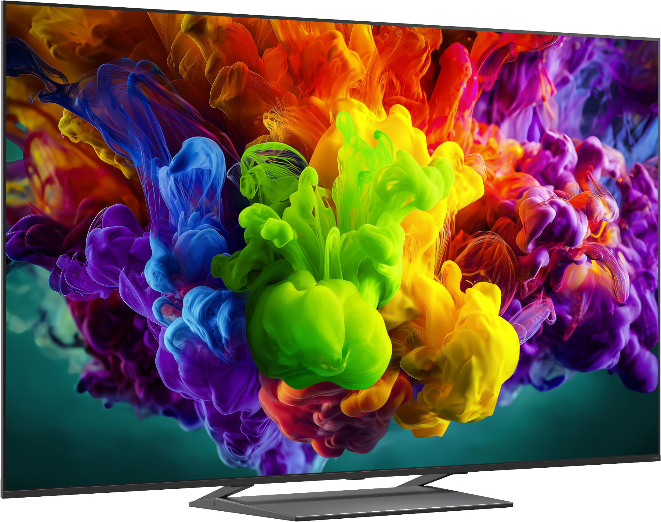 Ein Fernseher mit einem bunten, abstrakten Bild aus Farben, die sich wie Rauch vermischen.