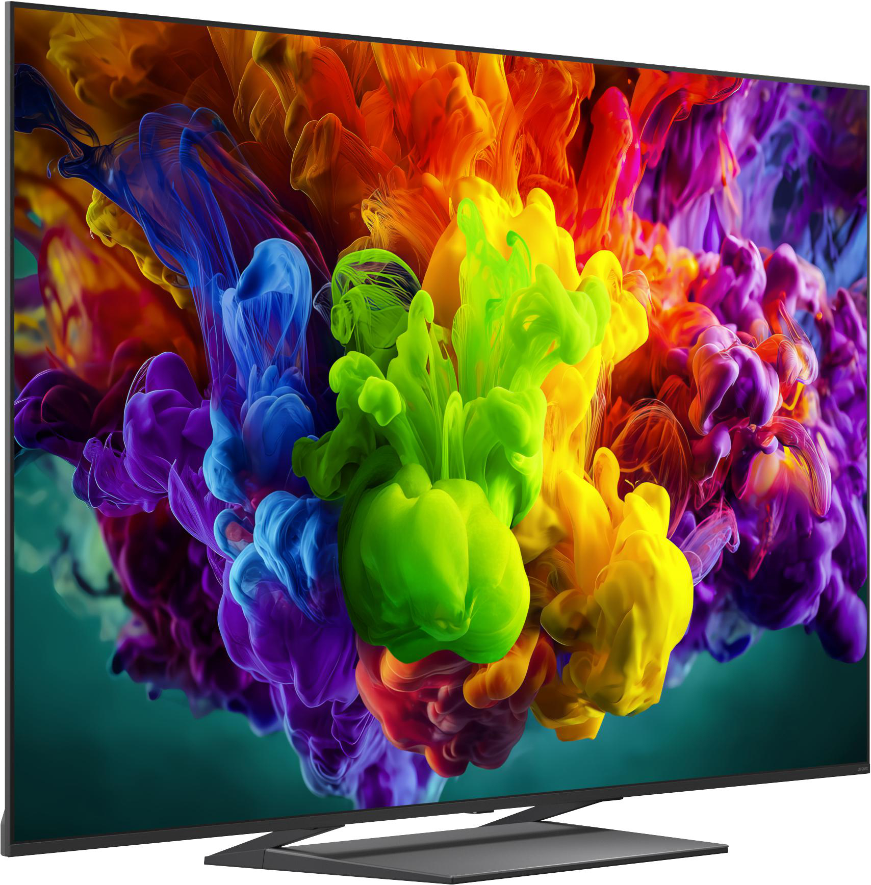 Ein moderner TV-Bildschirm zeigt lebendige, farbenfrohe Tintenwolken in Blau, Grün, Gelb und Lila.