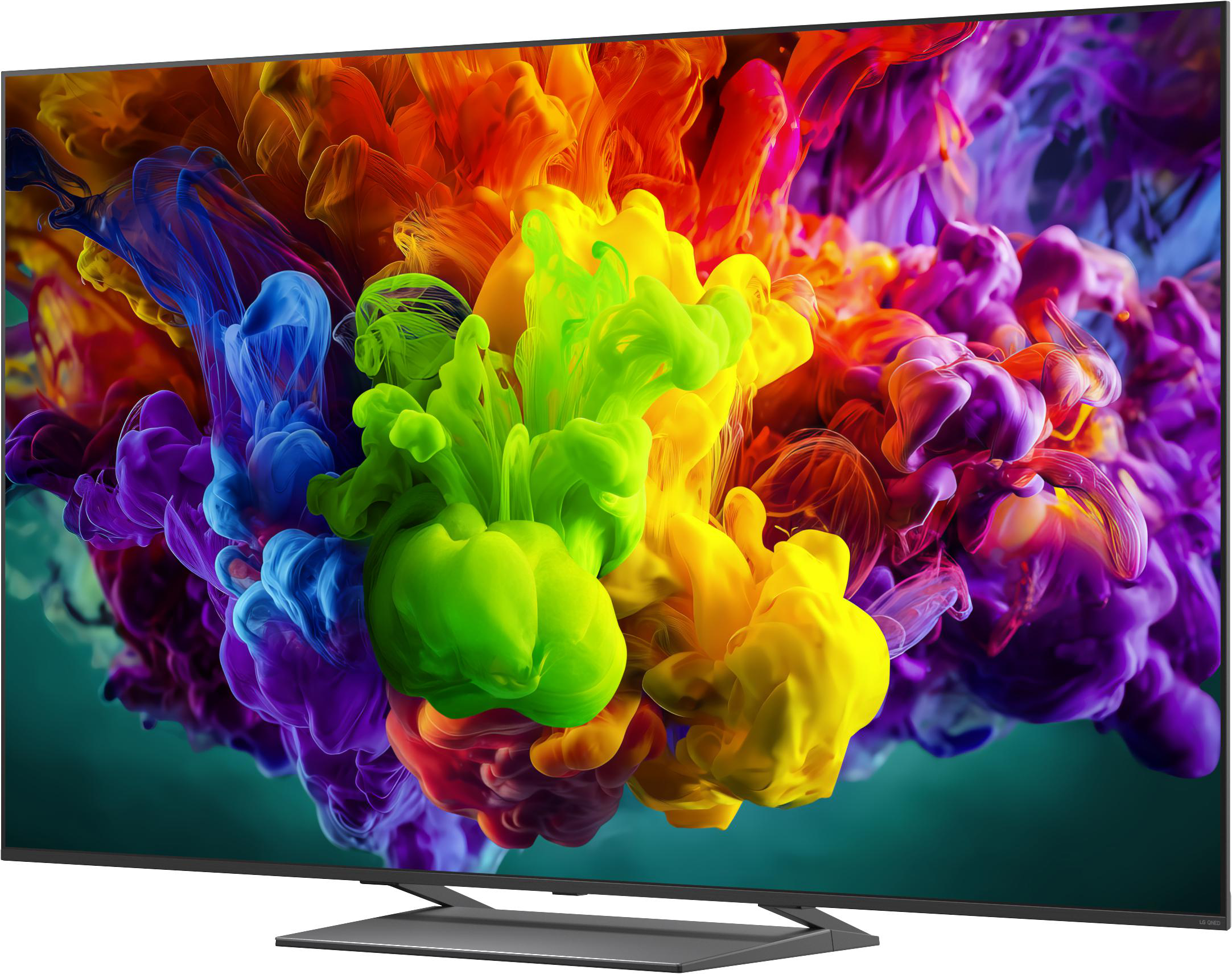 Ein moderner Fernseher zeigt eine lebendige Wolke aus Farben, die sich ausbreitet.