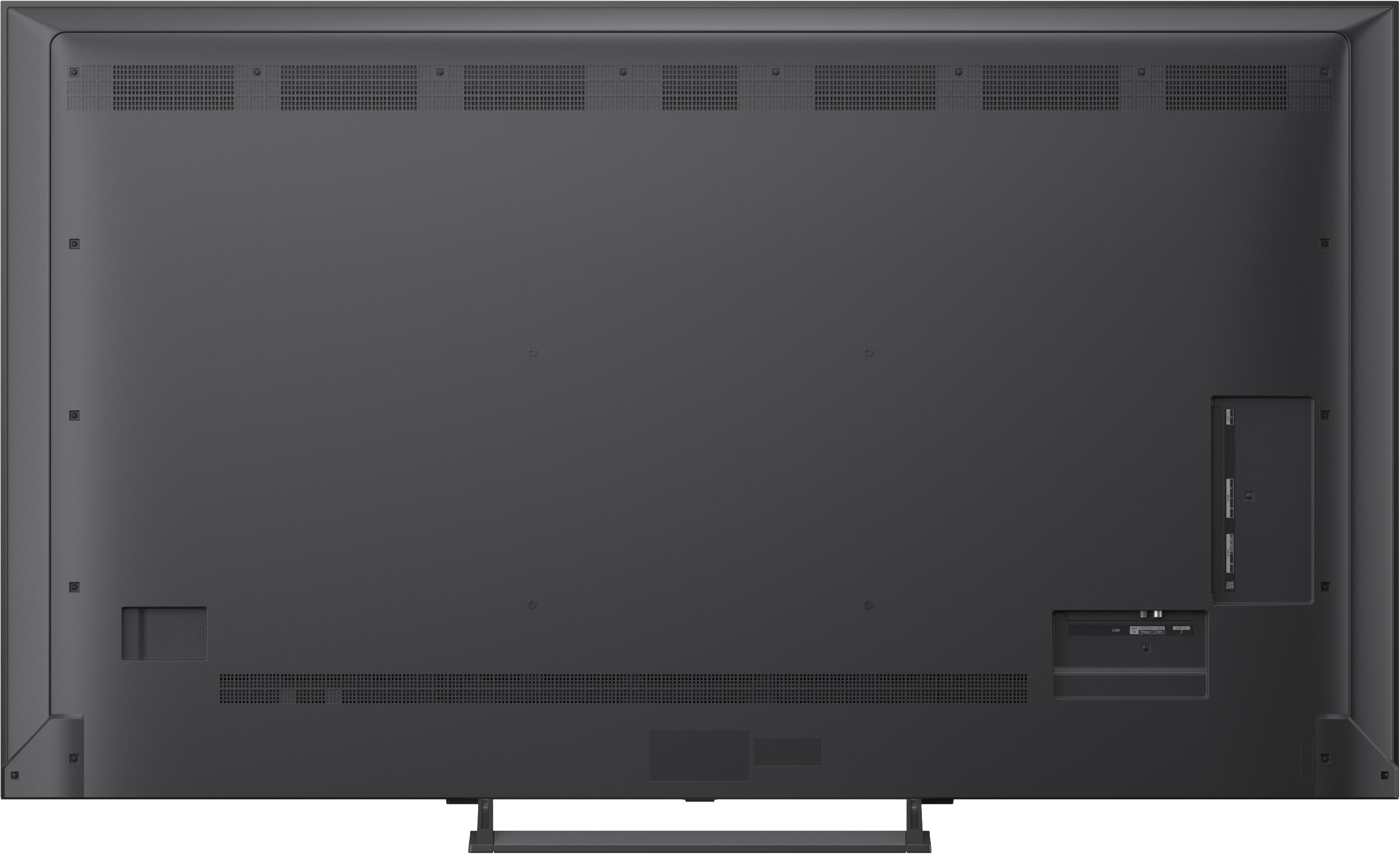 Rückseite eines schwarzen Fernsehers mit Lüftungsschlitzen und Anschlüssen.