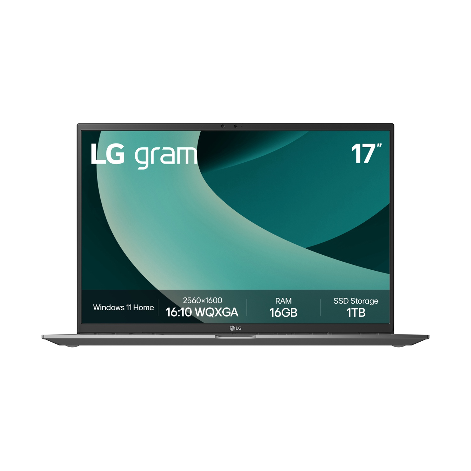 Un laptop LG Gram grigio da 17 pollici con Windows 11 Home, 16 GB di RAM e SSD da 1 TB.