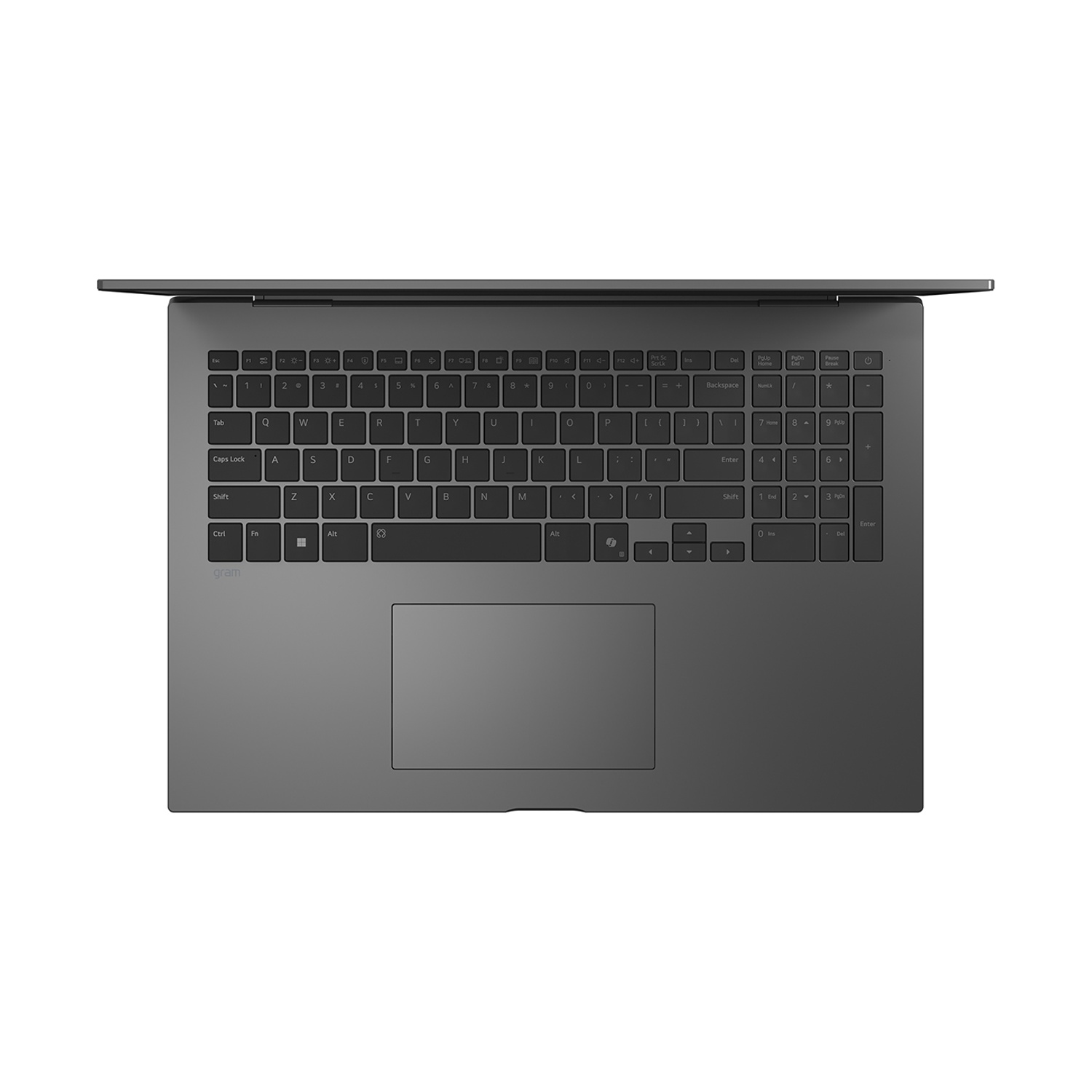 Vista dall'alto di un laptop grigio scuro aperto con tastiera e trackpad.