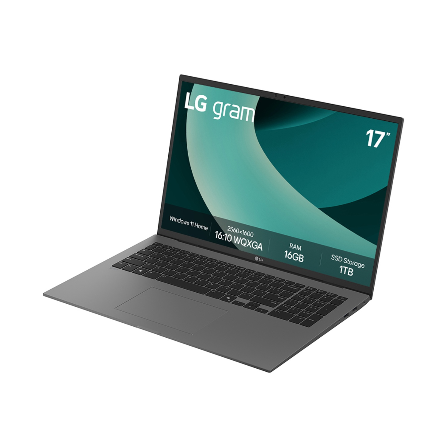 Laptop LG Gram grigio con schermo da 17 pollici, Windows 11 Home, 16GB RAM, 1TB SSD.