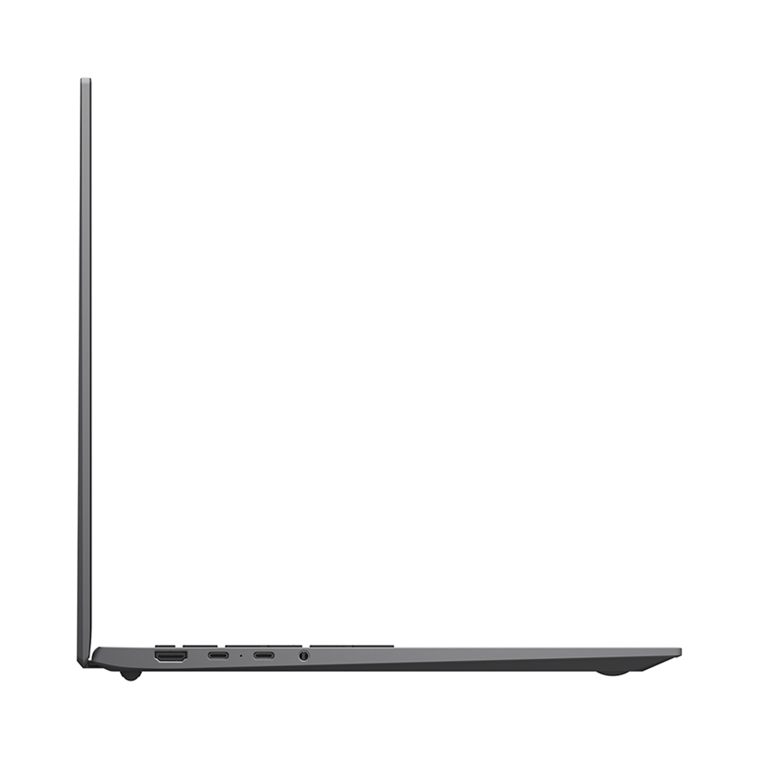 Laptop grigio in profilo laterale con porte sul bordo inferiore.