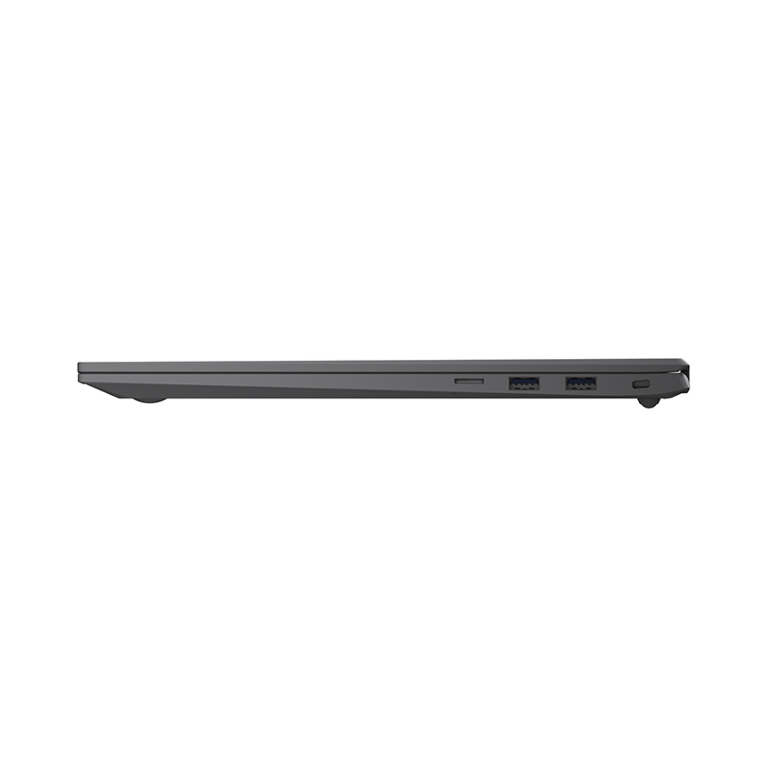 Vista di profilo di un laptop grigio con due porte USB e una porta di ricarica.