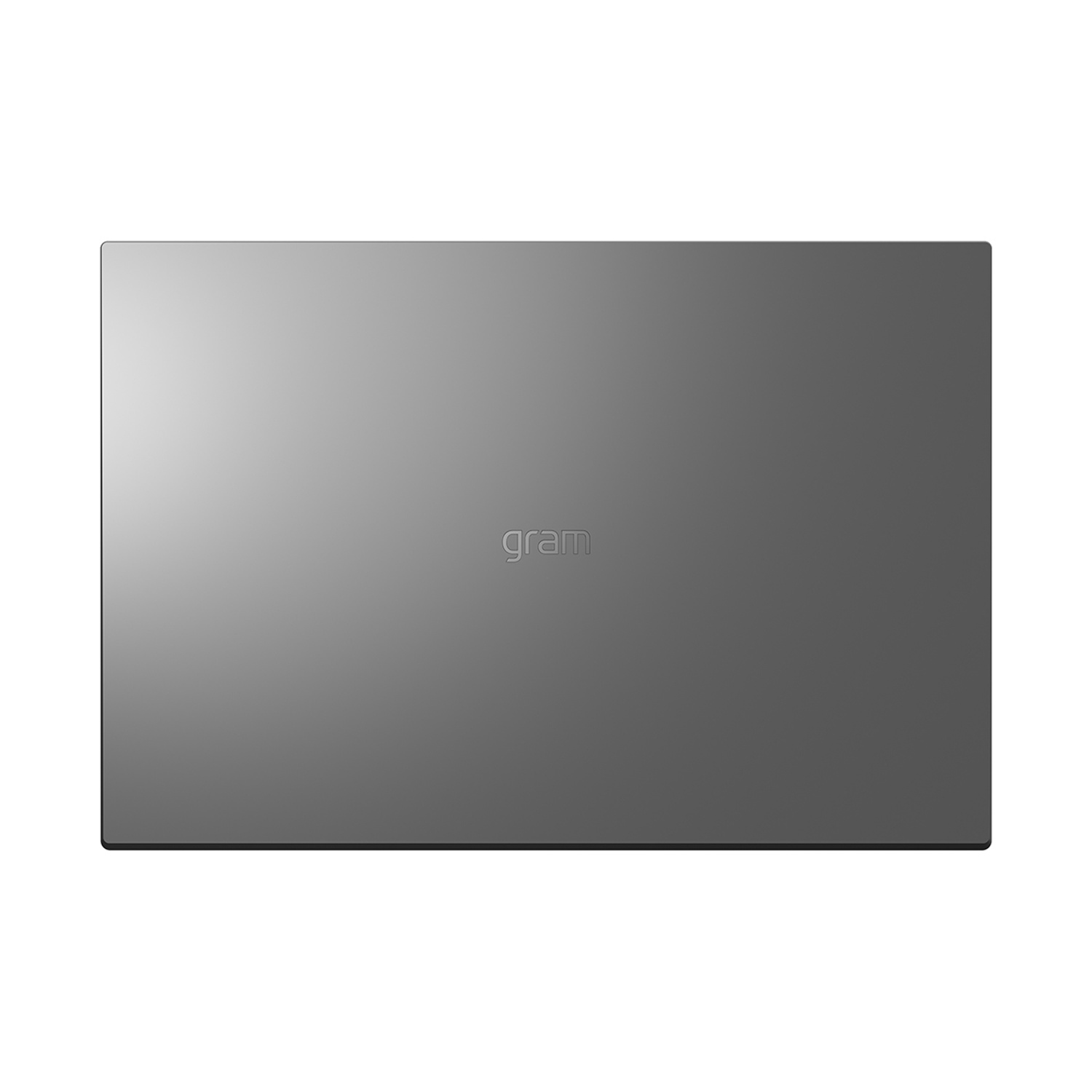 Un laptop grigio chiuso con il logo 'gram' al centro.