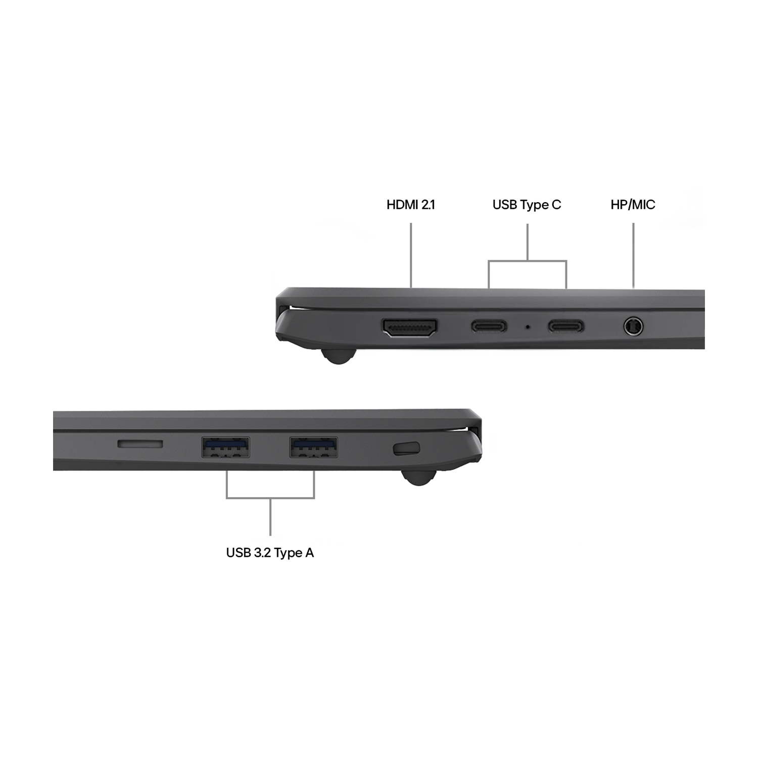 Porte del laptop: HDMI 2.1, USB Type C, HP/MIC e USB 3.2 Type A.