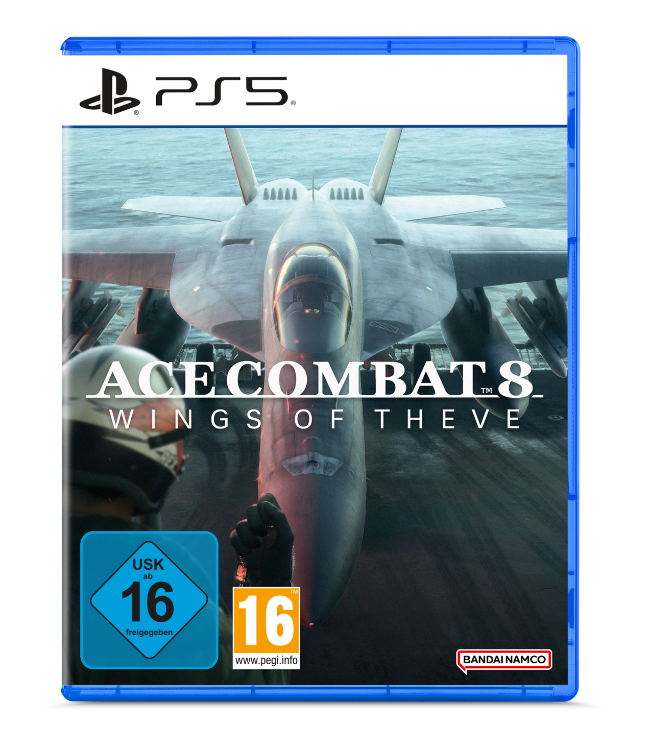 PS5 Spielhülle: Düsenjäger auf Flugzeugträgerdeck, Titel 'Ace Combat 8'.