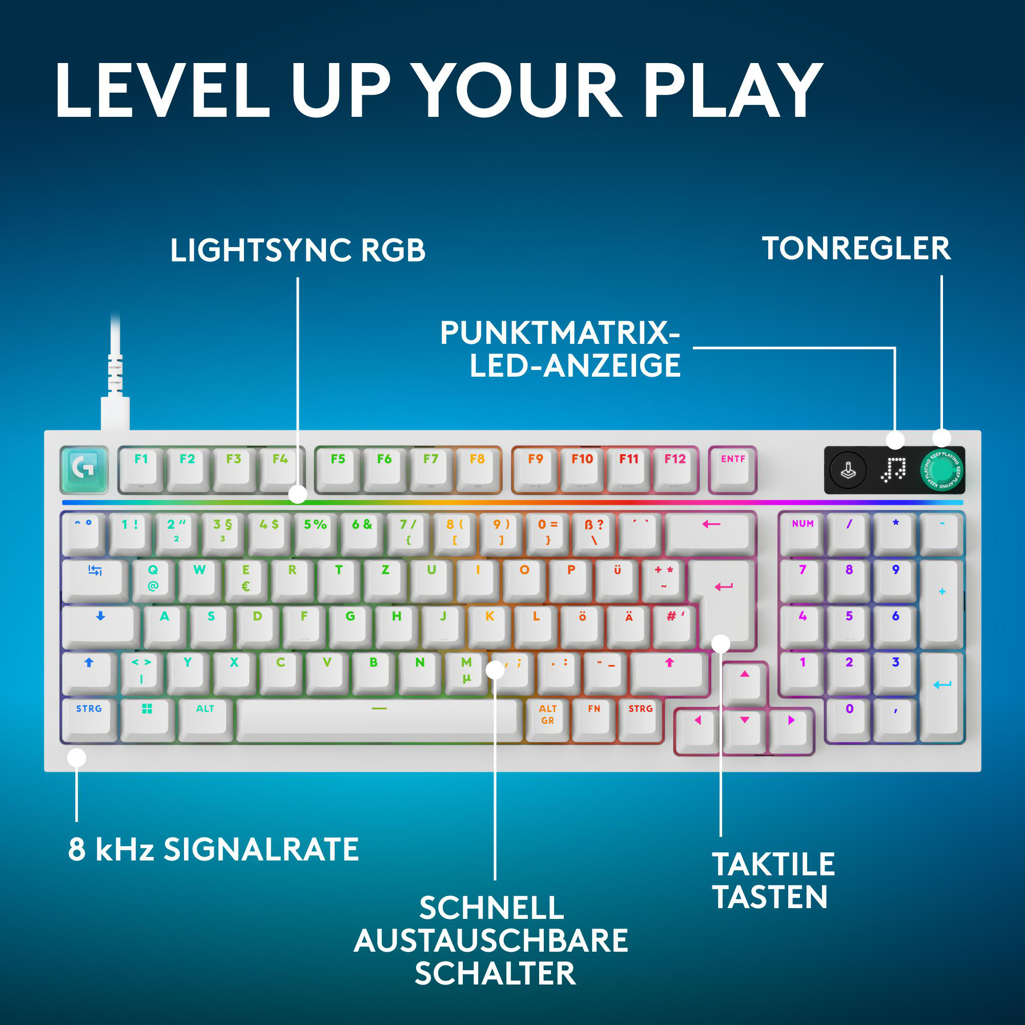 Eine weiße Gaming-Tastatur mit RGB-Beleuchtung und deutschen Tastenbeschriftungen.