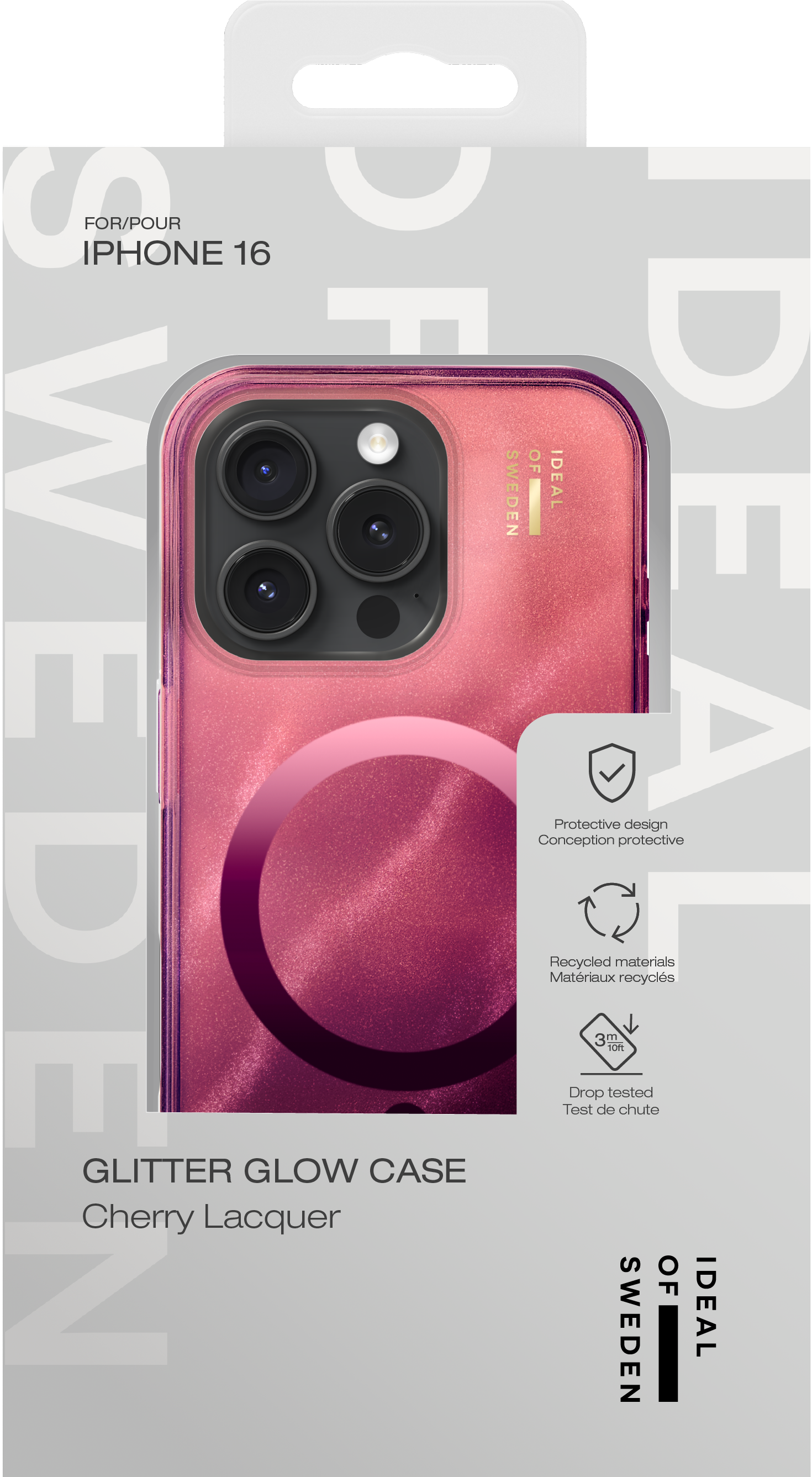 Eine glitzernde Hülle für das iPhone 16 in Kirschlack.