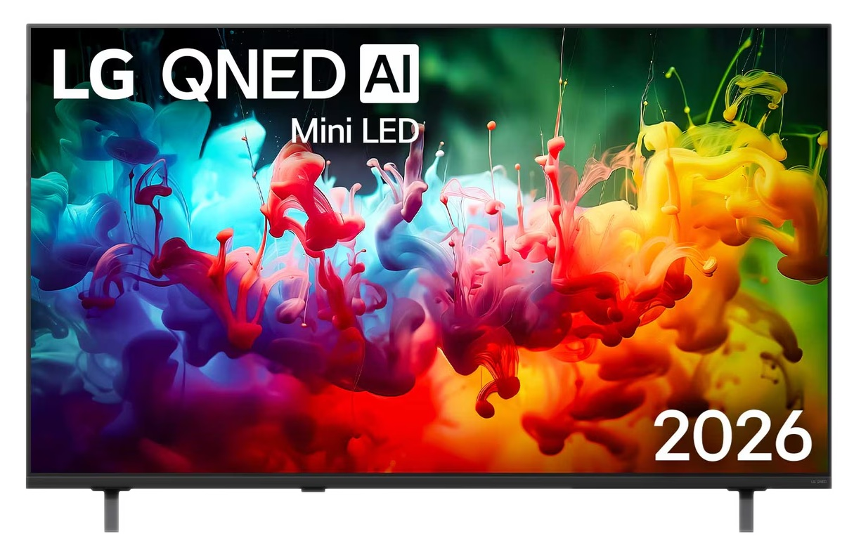 Telewizor LG QNED AI Mini LED z płynnymi czerwonymi, niebieskimi i żółtymi kolorami.