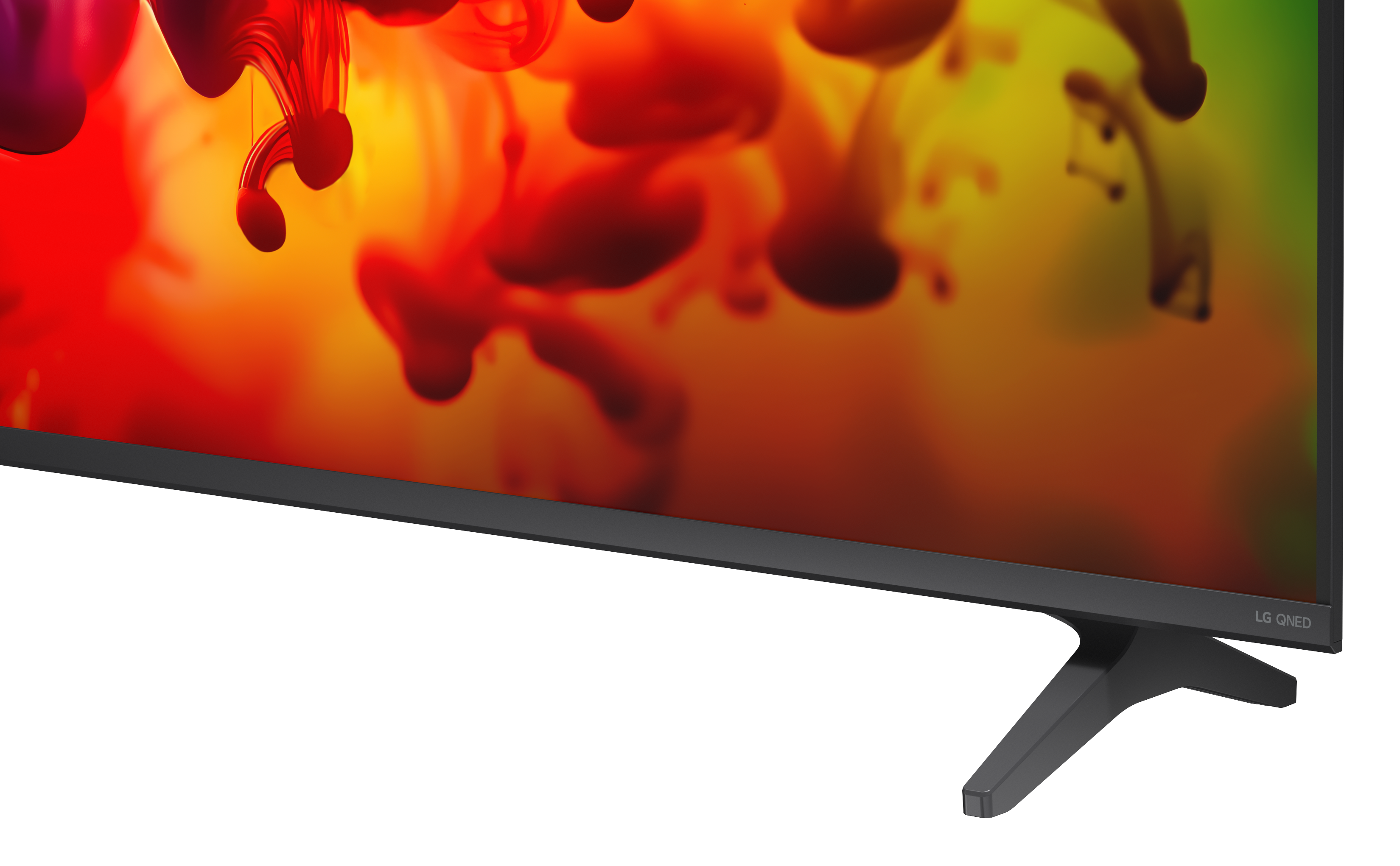 Telewizor LG QNED z efektami czerwonego i żółtego płynu na ekranie.