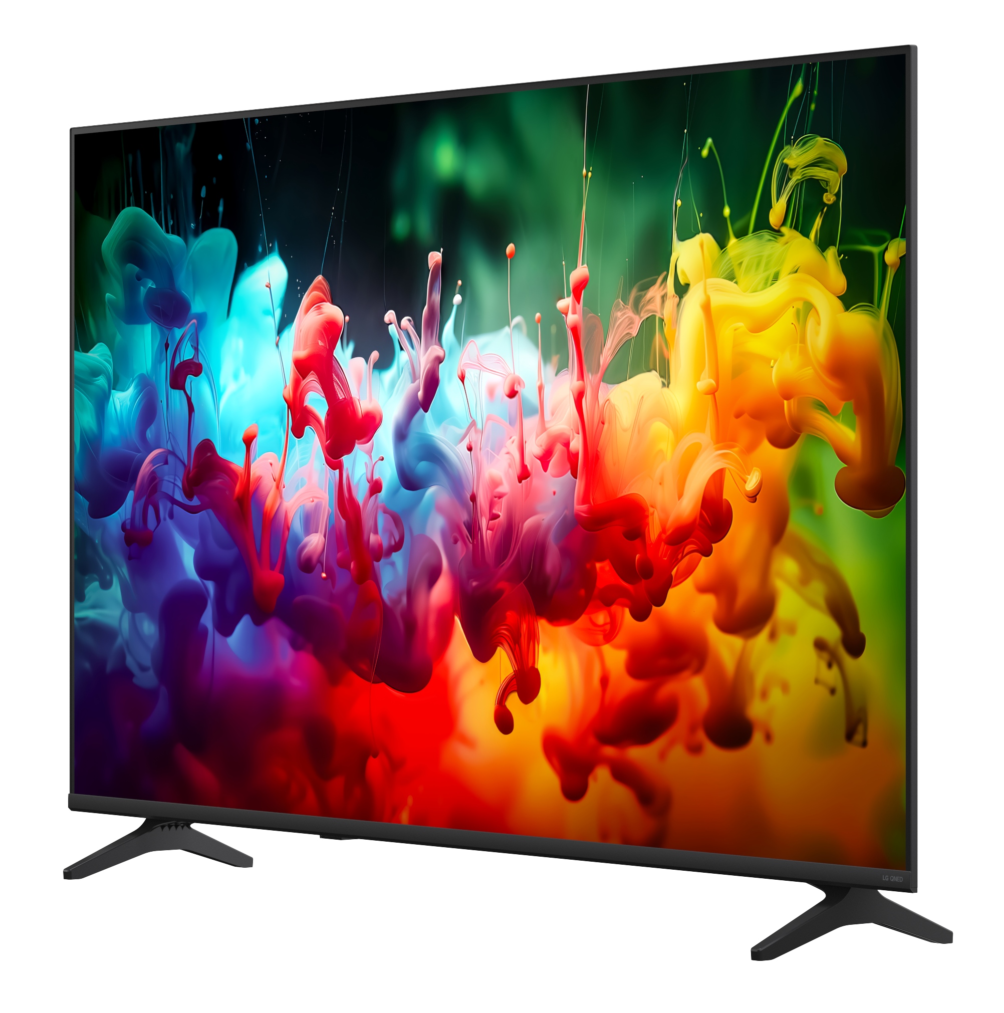 Nowoczesny telewizor z płaskim ekranem wyświetla żywe plamy tuszu w kolorach czerwonym, niebieskim i żółtym na ciemnym tle.