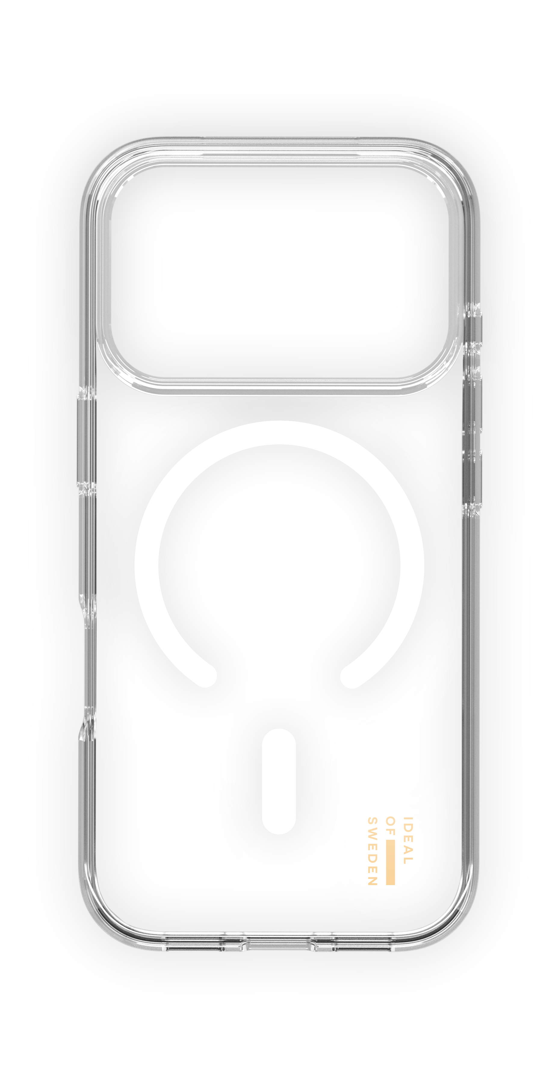 Transparente Handyhülle mit weißem Magnetring und Logo auf schwarzem Hintergrund.