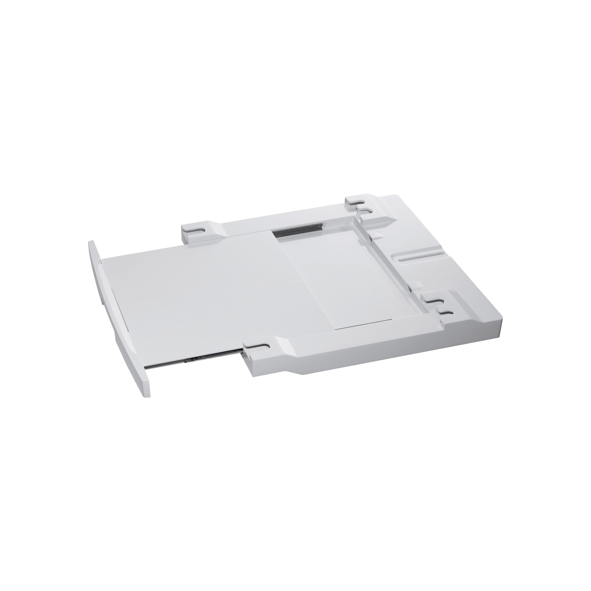 A white paper tray with a pull-out section on a black background.