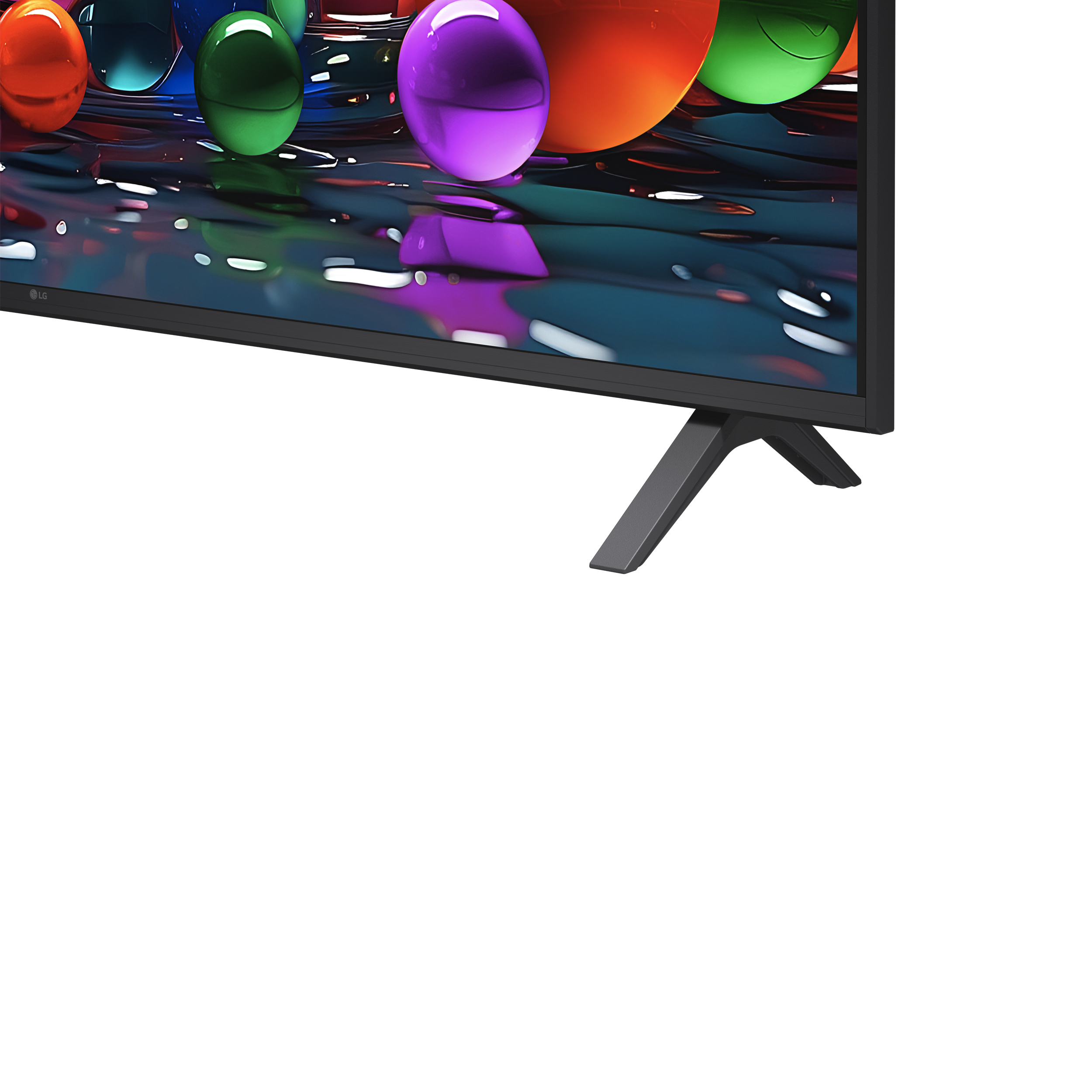 Nowoczesny telewizor wyświetla abstrakcyjną grafikę z kolorowymi kulami.