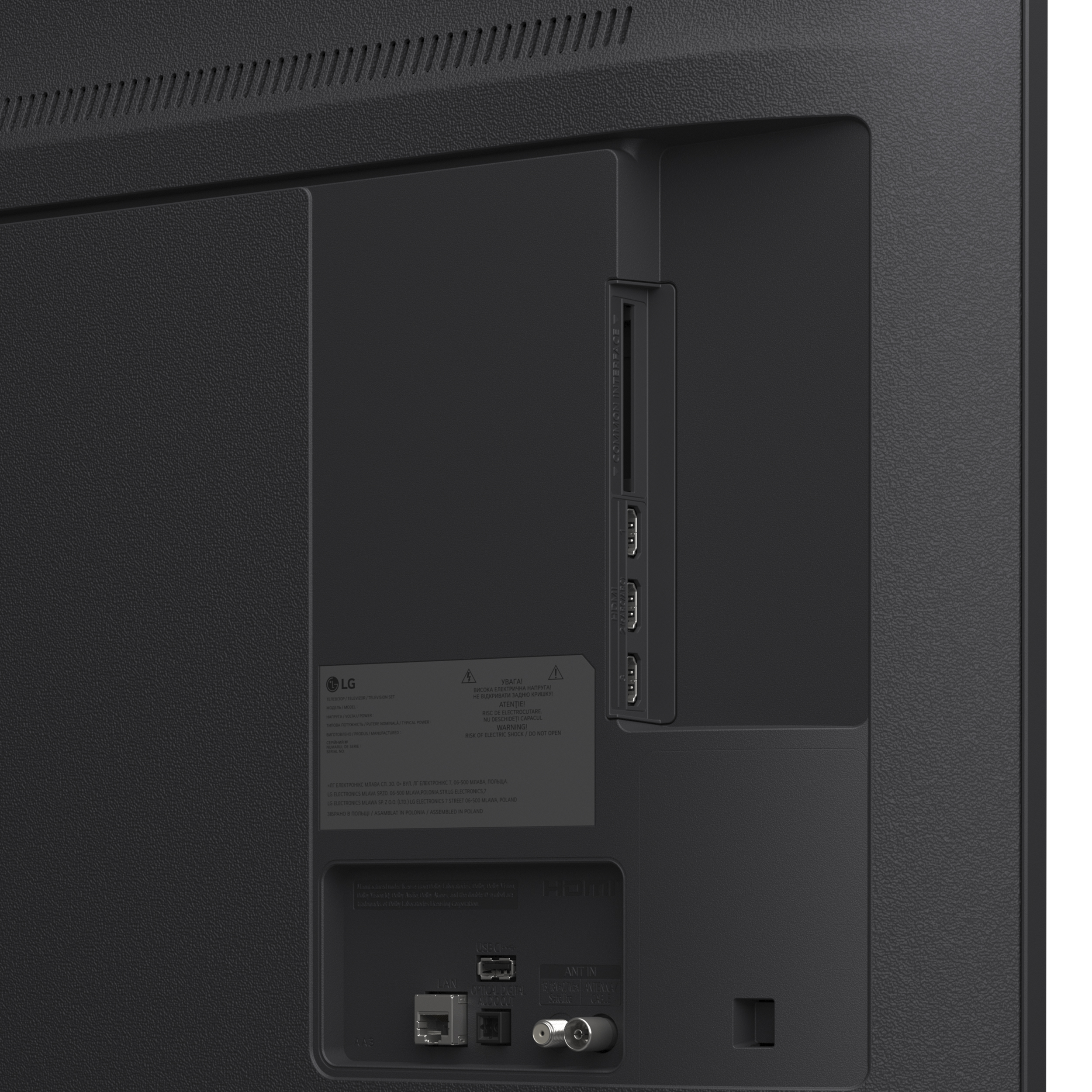 Tył telewizora z portami: HDMI, USB, LAN i wejście antenowe. Etykieta ostrzegawcza.
