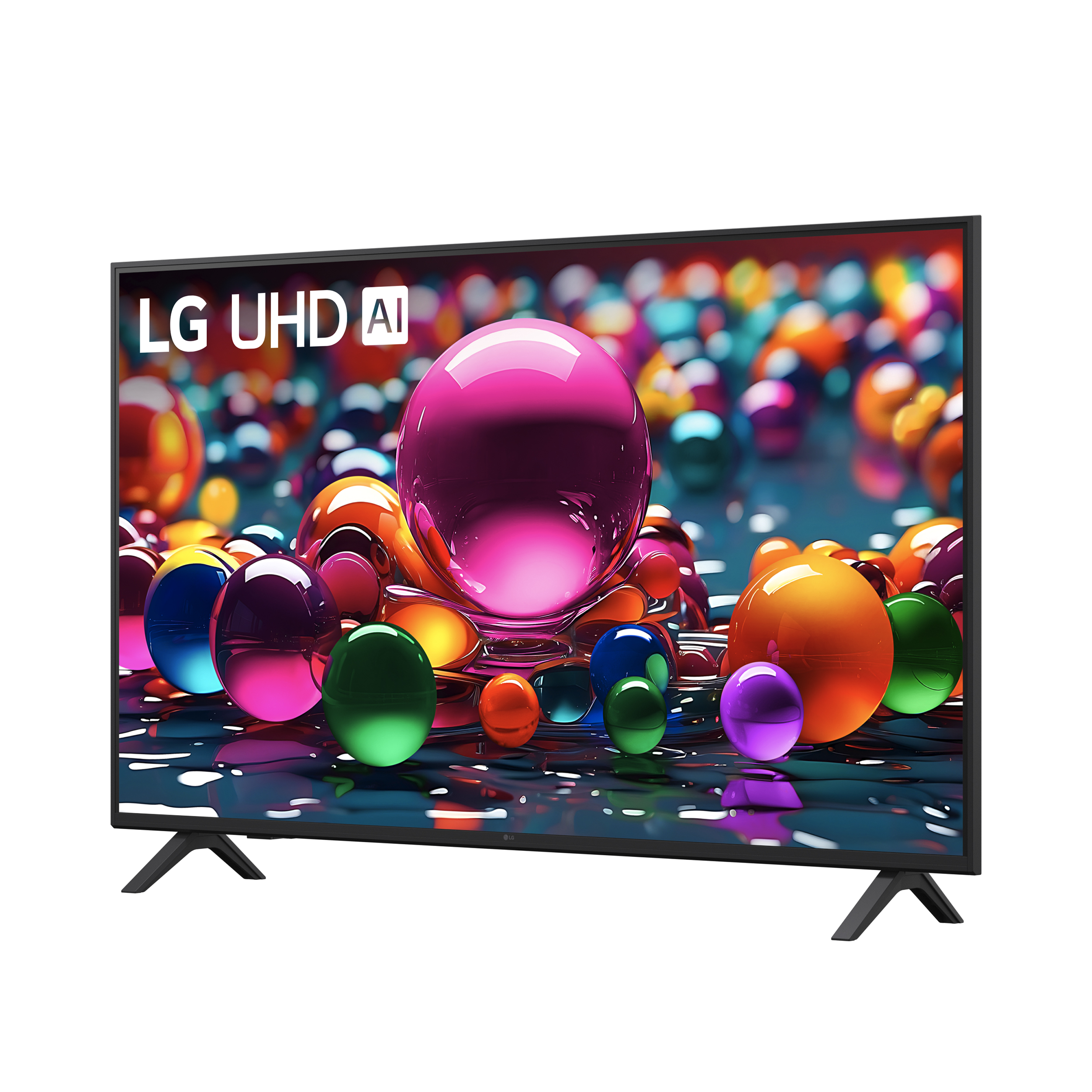 Telewizor LG UHD AI wyświetla kolorowe kule na ekranie.