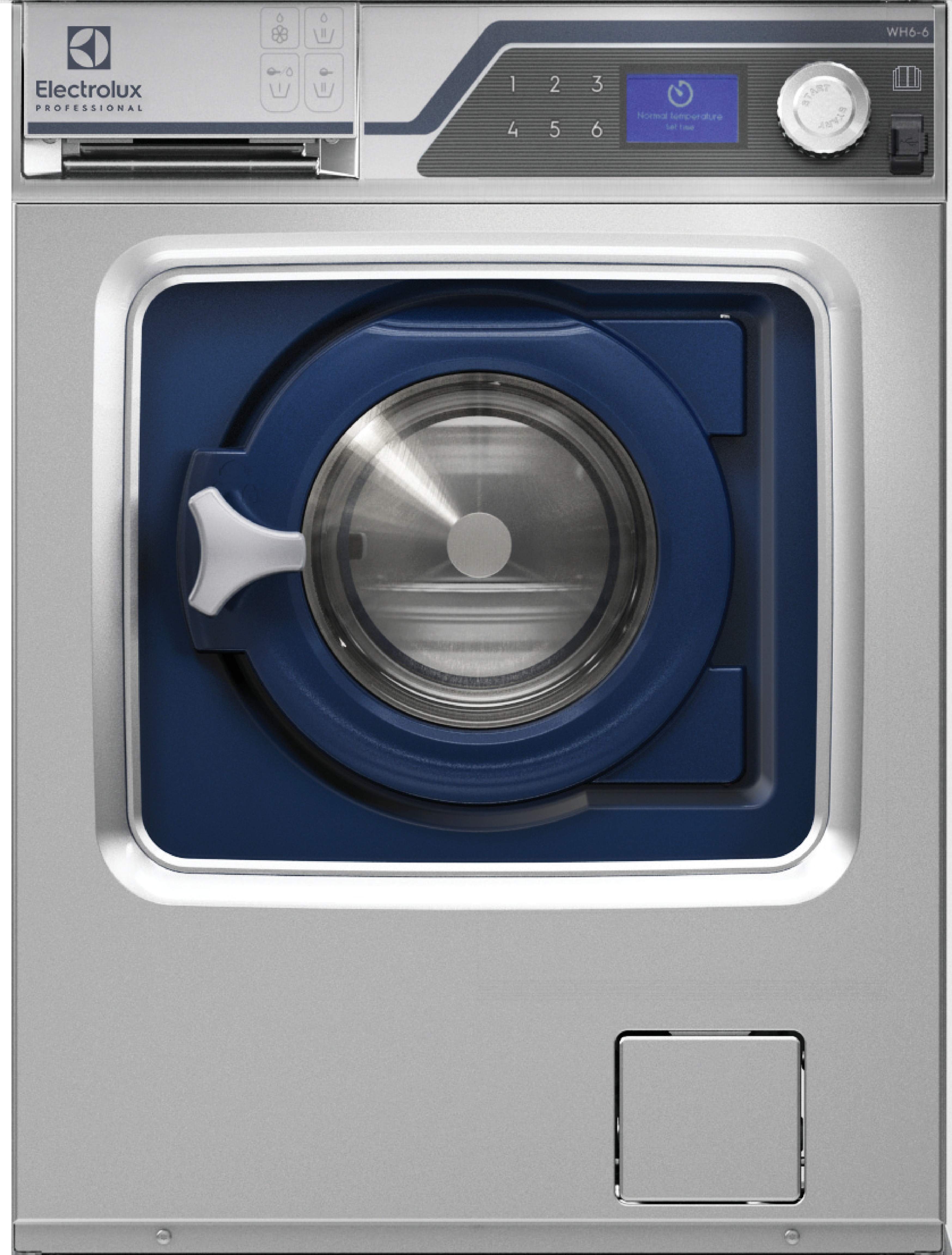Silberne Waschmaschine mit blauer Tür und digitalem Display.