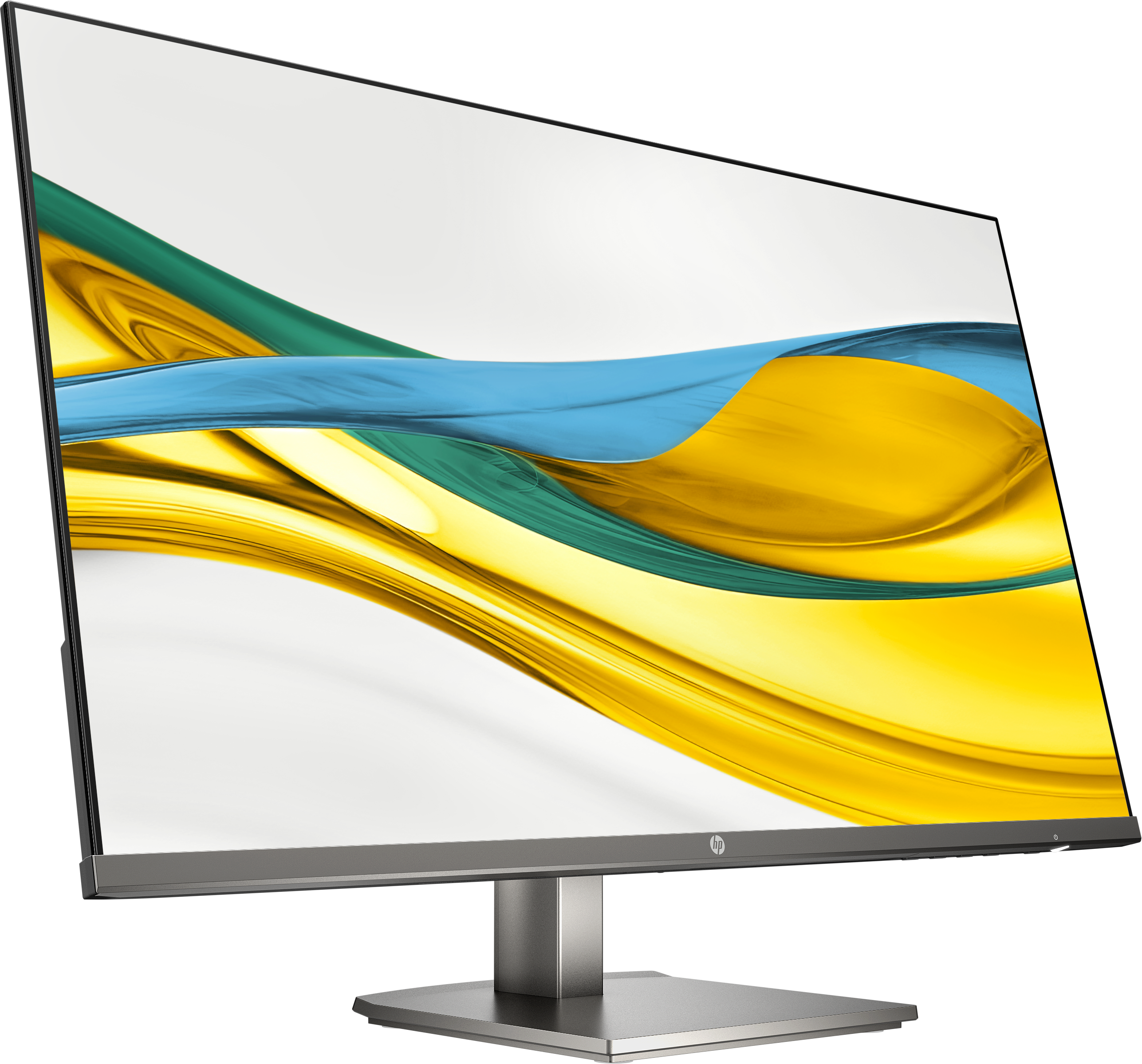 Un monitor moderno con supporto argento e schermo con grafica astratta e fluida.