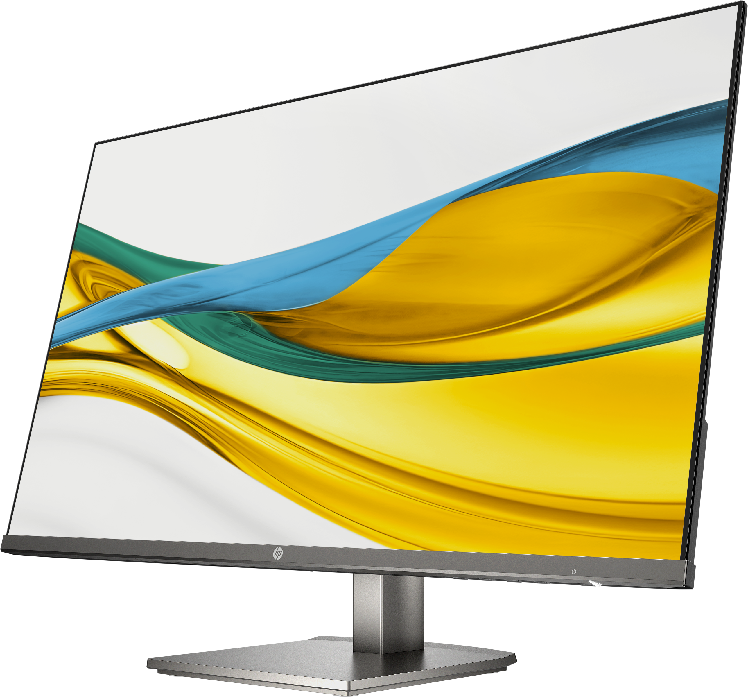 Un moderno monitor HP con motivo astratto a onde in giallo, blu e verde.