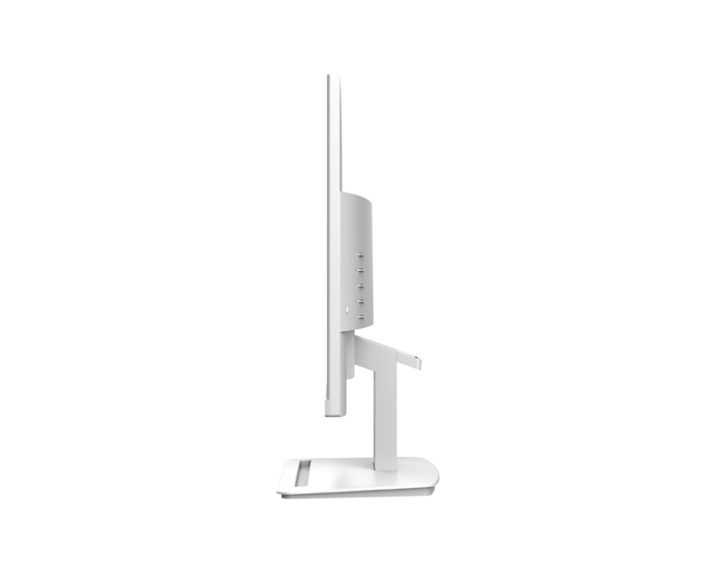 Ein weißer Computermonitor mit Standfuß, von der Seite gesehen.