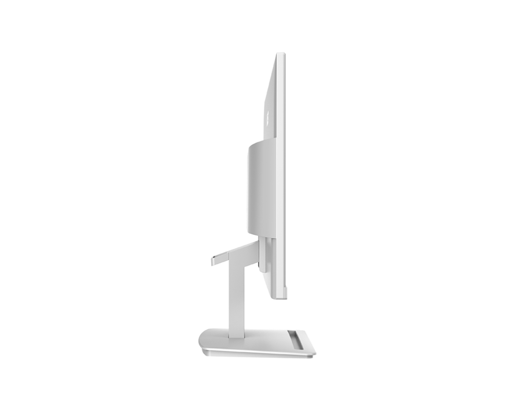 Ein weißer Computermonitor mit Standfuß, von der Seite gesehen.