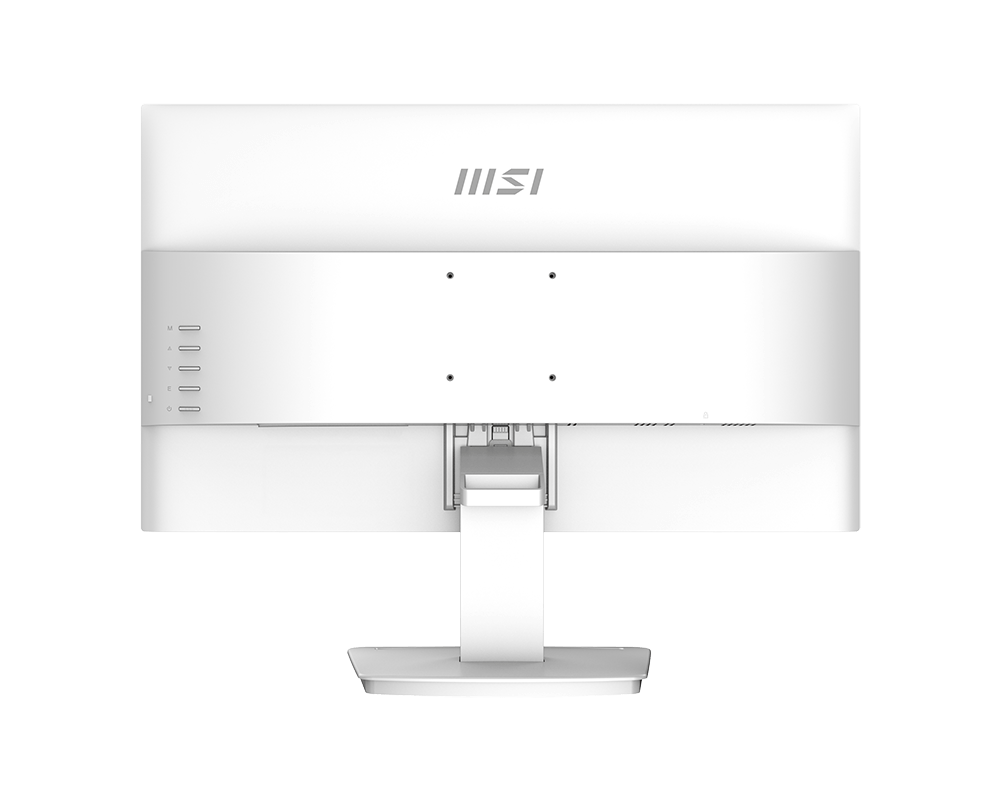 Rückseite eines weißen MSI Monitors mit Ständer und Anschlüssen.