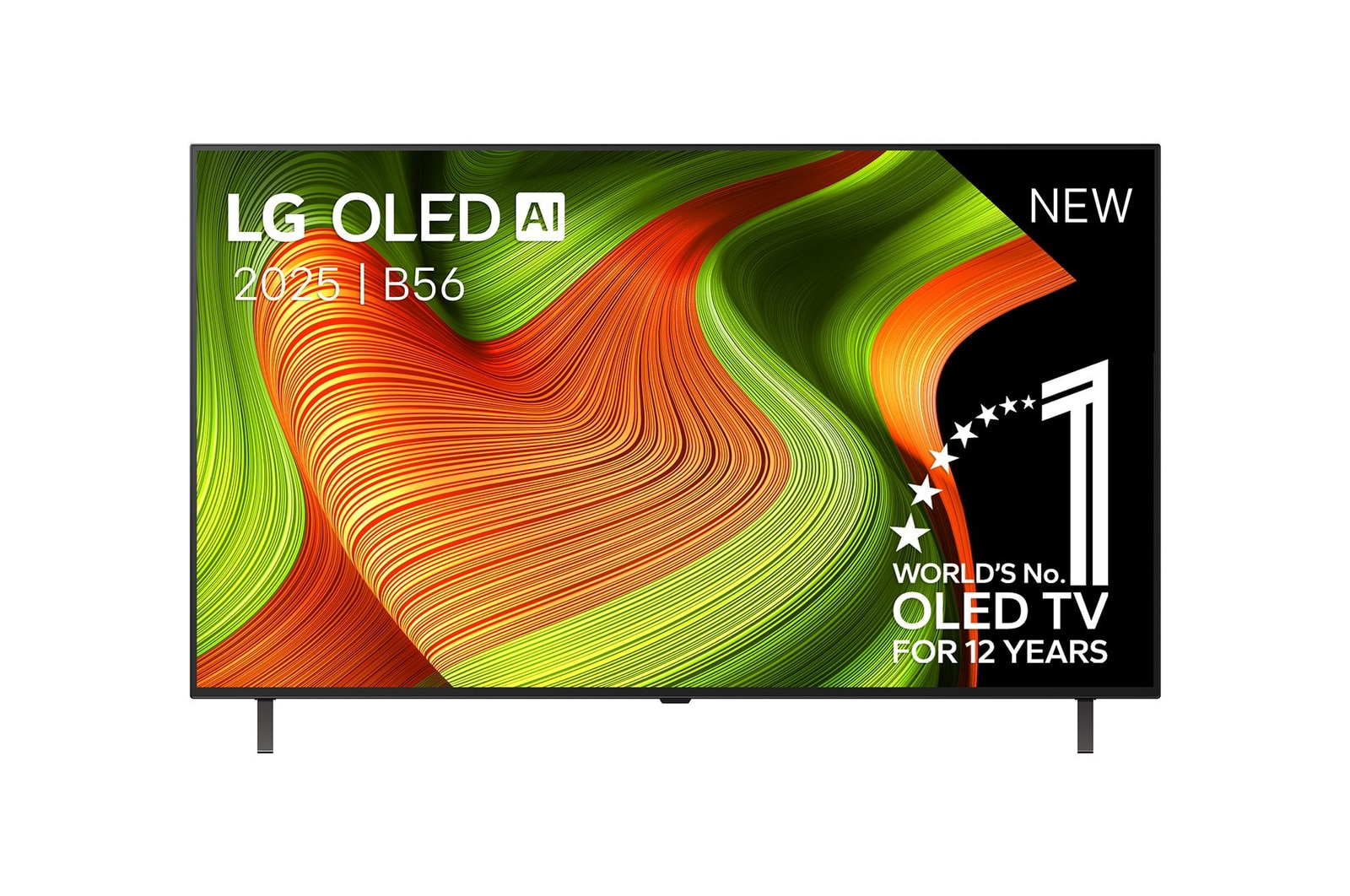 Telewizor LG OLED AI 2025 B56 z pomarańczowo-zielonymi falami i napisem "NOWY".